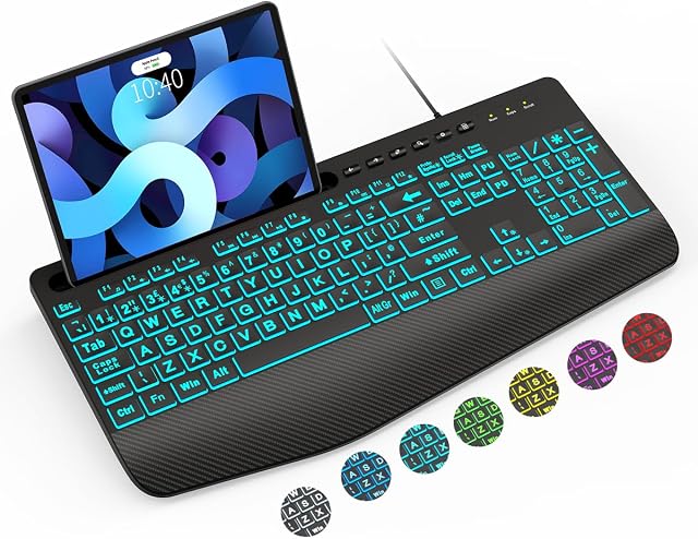 SABLUTE Large Print Backlit Keyboard with Wrist Rest, Wired USB Lighted Computer Keyboard with 7-Color & 4 Modes Backlit, Oversize Letters Keys Easy to See and Type Compatible for PC, Laptop