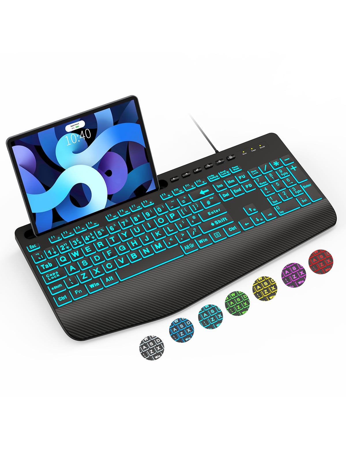 SABLUTE K21 Pro Large Print Backlit Keyboard, Wired USB Computer Keyboards with 7-Colors Backlight, Wrist Rest, Phone Holder, Oversized Letter Keys Easy to See and Type for Laptop, PC, Windows, Black
