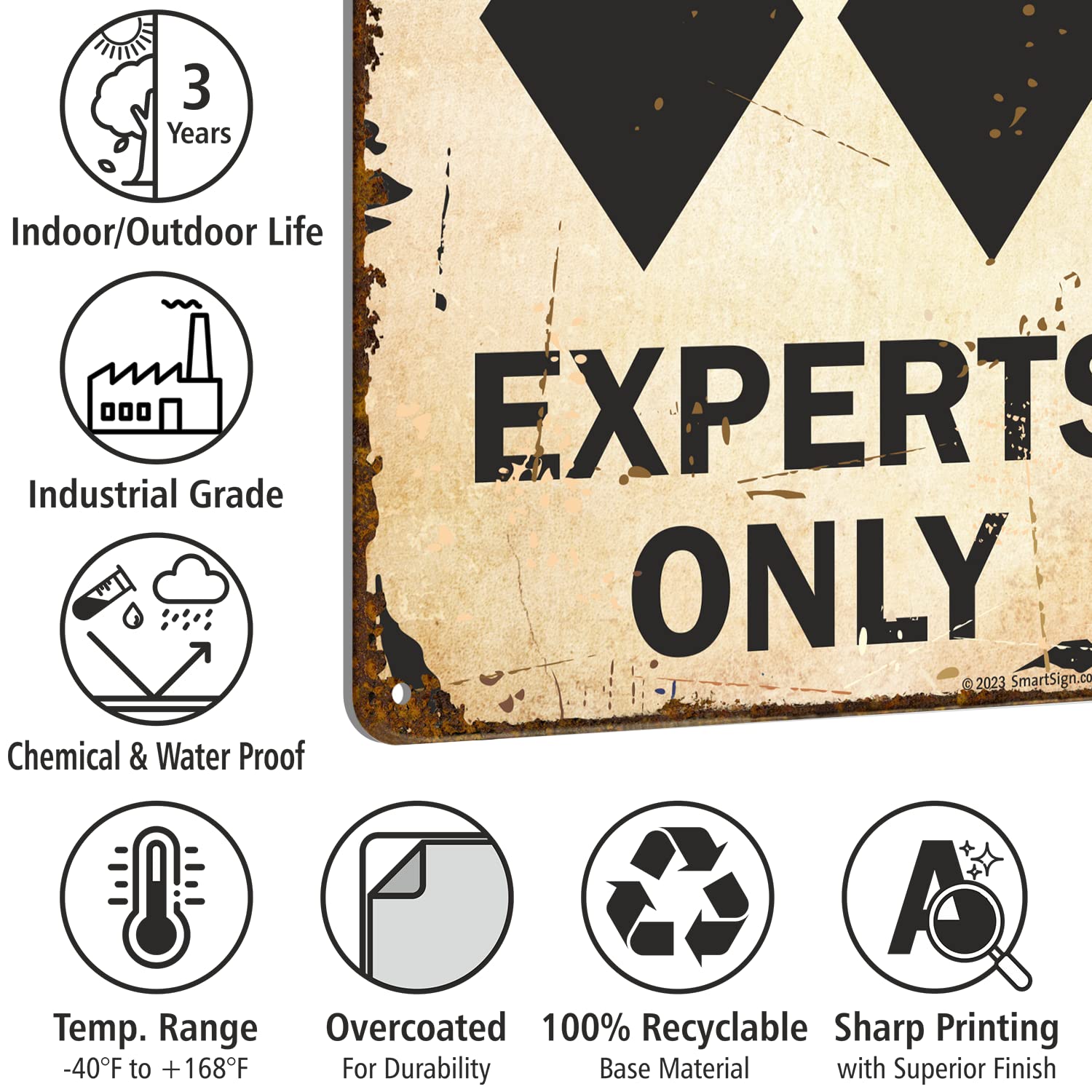 SmartSign Skischild "Warning Experts Only", Vintage-Schild mit doppeltem schwarzen Diamanten, 35,6 x 25,4 cm, rustikale Wanddekoration für Bar/Lodge/Küche/WC/Café, 55 mm HDPE-Kunststoff, 3 Stück