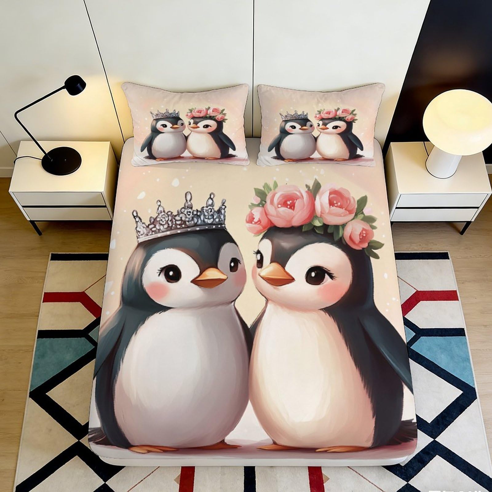 Jqzkxnhpbr Style-10 3D Printed Cute Penguin Crown Fitted Sheet Microfiber Soft Breathable Floral Bed Cover For Bedroom Guest Room Decor 90X200x25cm