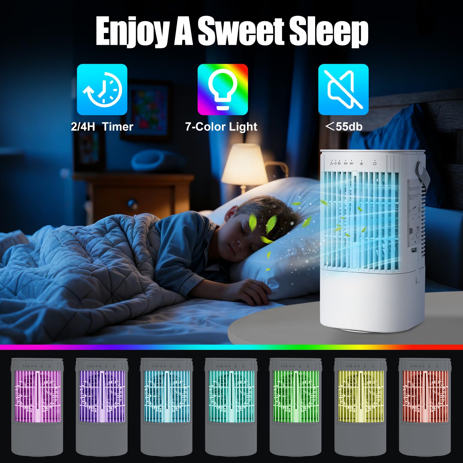 Mobile Klimaanlage mit 900ml Wassertank, Ventilator | 2/4 h Timer, 3 Windgeschwindigkeiten, Sprühfunktion, 7 Farben Licht, Mini Luftkühler für Schlafzimmer und Büro