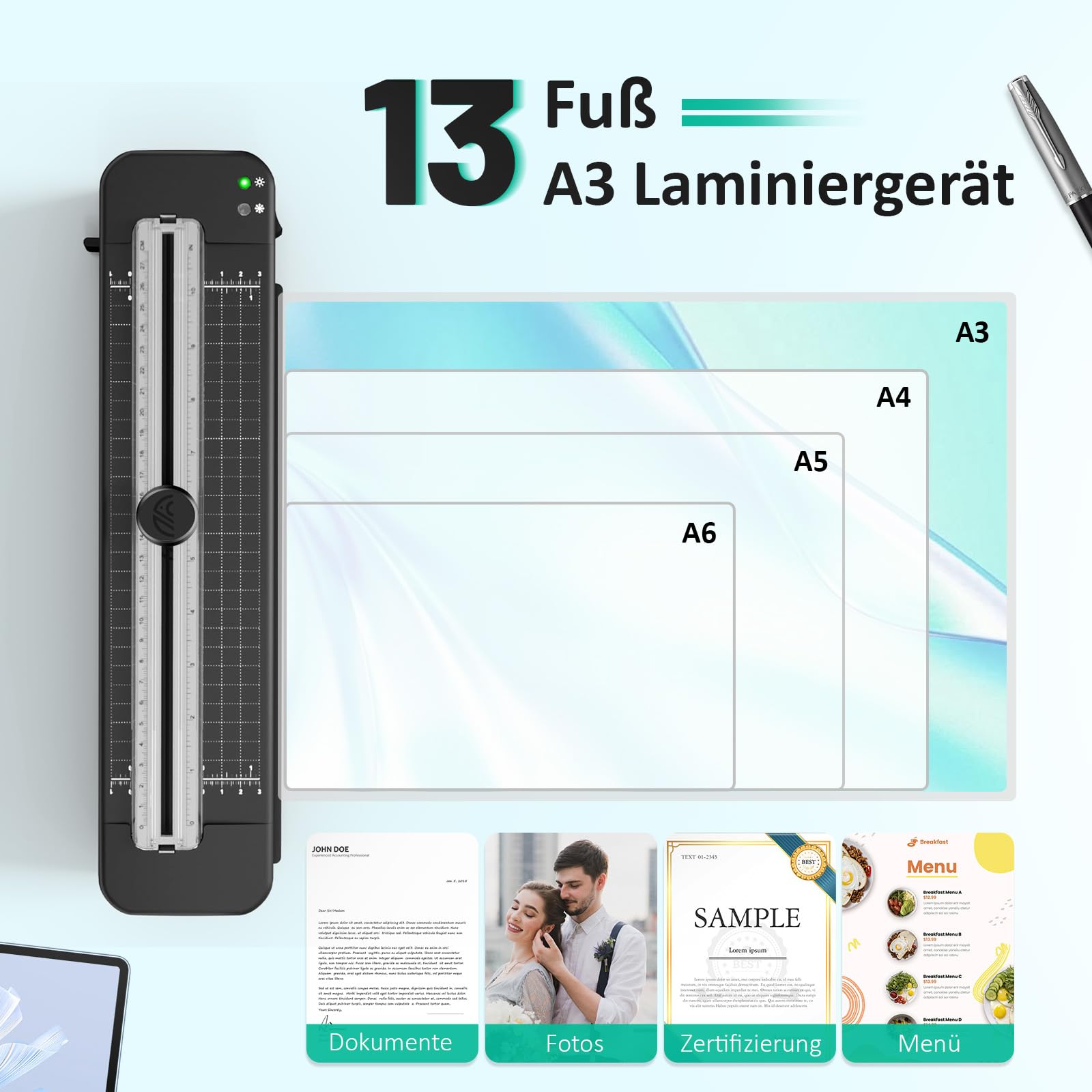 Raycial Laminator A3 z 20 arkuszami do laminowania do formatu A3/A4/A5/A6, laminator na ciepło i zimno z obcinaczem do papieru i zaokrągleniem narożników do biura, domu, szkoły