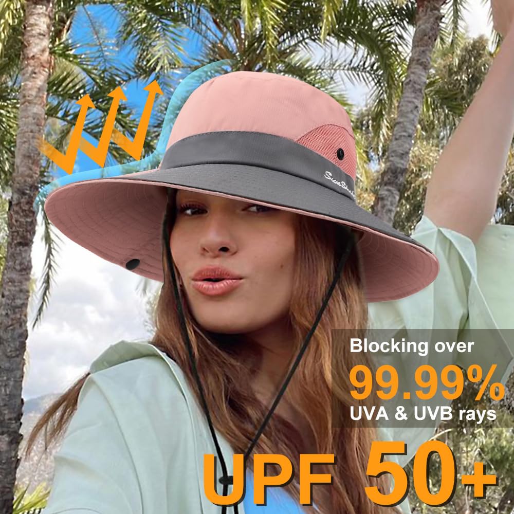 DRESHOW Femme Soleil Chapeau l'extérieur UV Protection Pliable Large Bord Pêche à Cheval Queue Chapeau UPF 50+