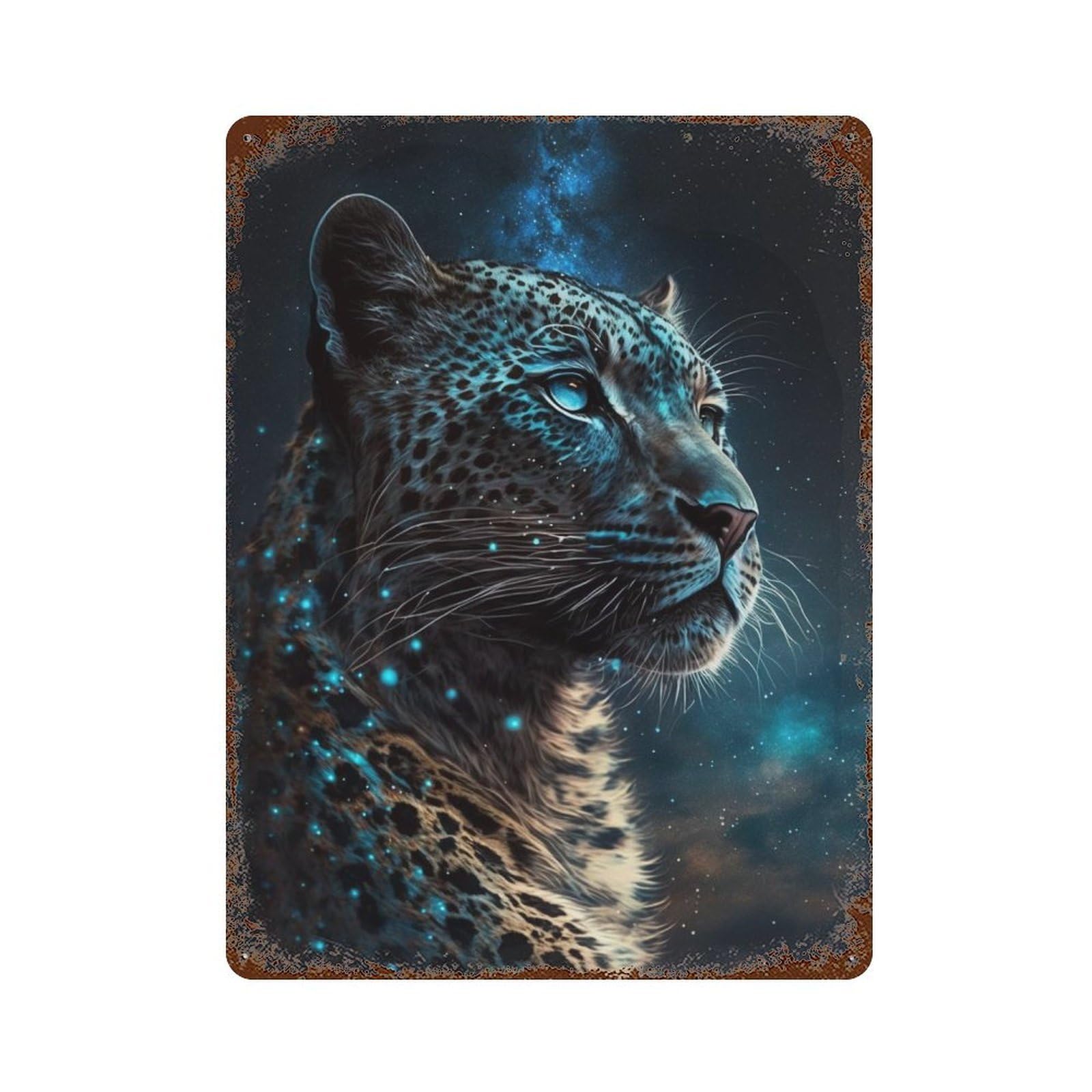 Distressed Metal Wall Sign Galactic Leopard Majesty -3 15.7"x11.8", Old School Wall Decor for Bistro, Counter And Cafe Decor