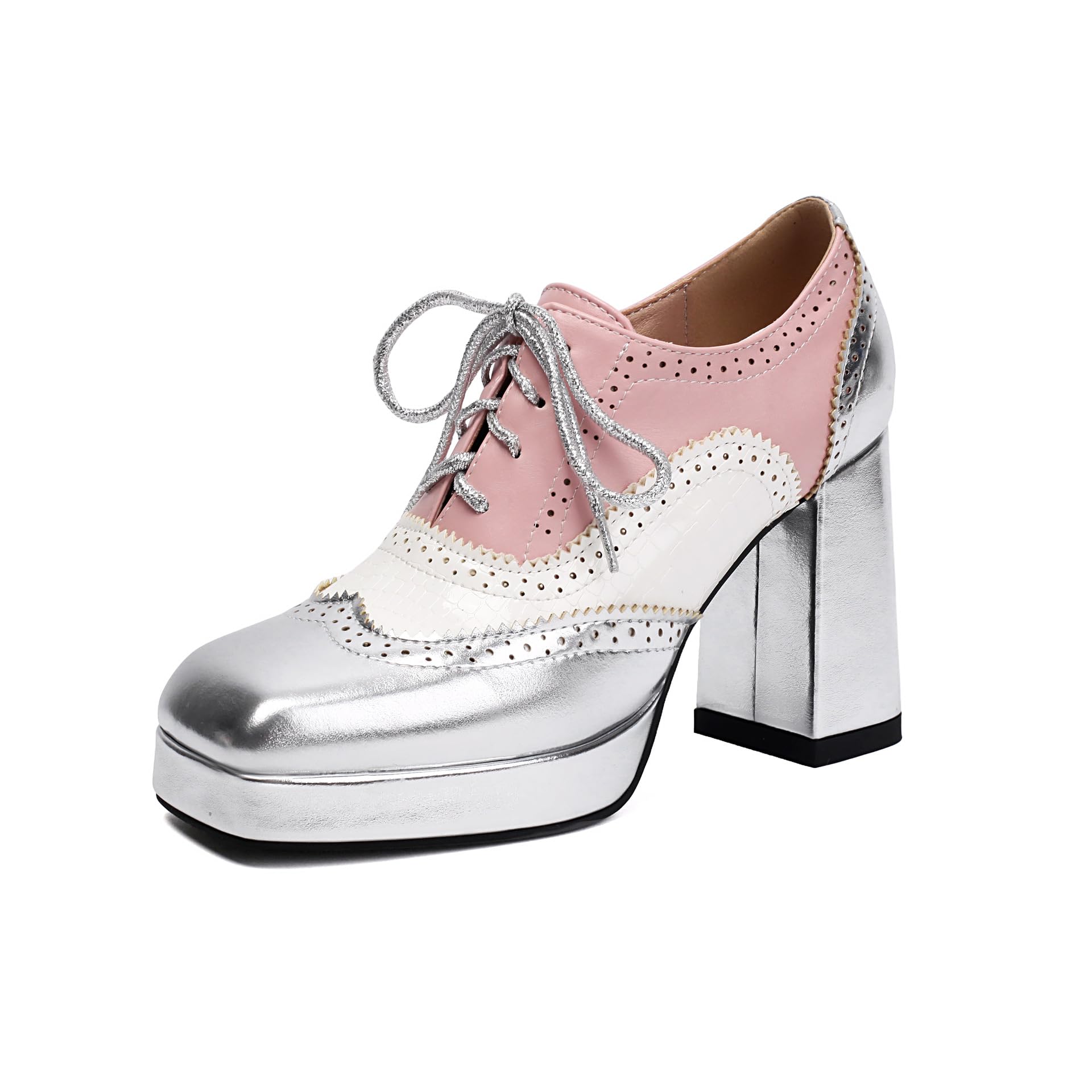 Women’s Color Matching Lace-Up Square Shoes with Flower Detail-image-13
