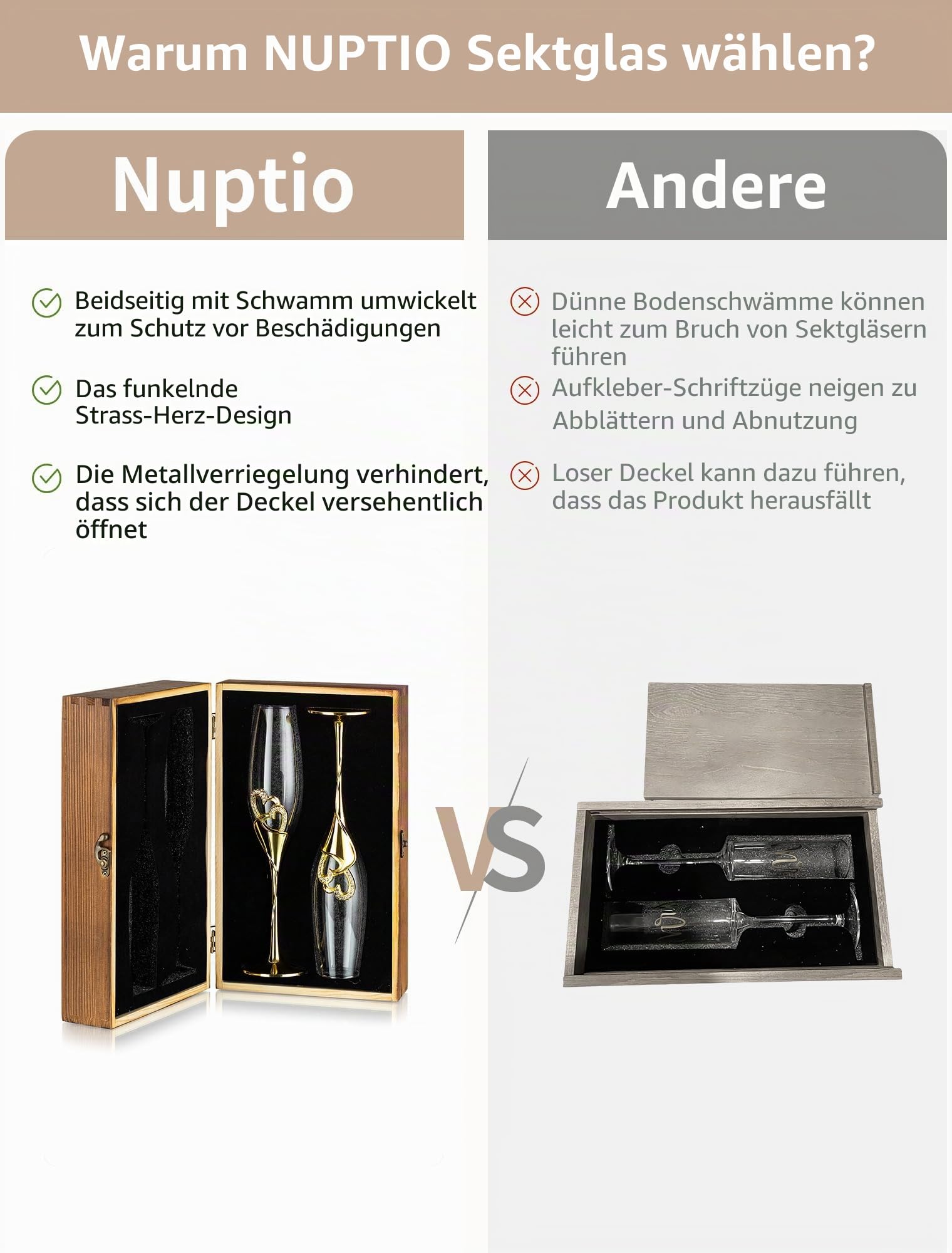 NUPTIO Sektgläser Hochzeit Kristall mit Holzschatulle, für Brautpaar | 2 Stück Personalisiert Gold Champagnergläser Hochzeitsgeschenke für Verlobung, Jubiläum, Hochzeit