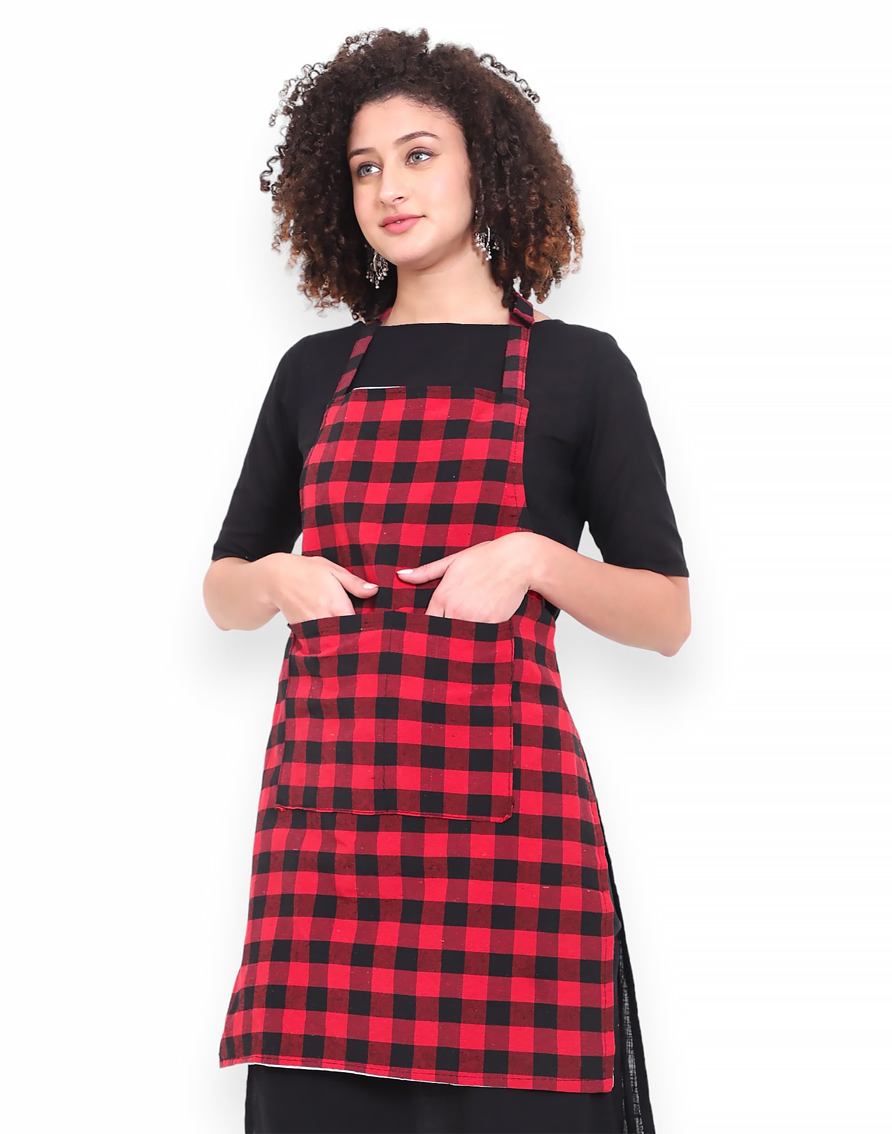 SYNTUS® 1 Piece Red Checkered Apron for Women & Men, Full Coverage Waterproof Adjustable Neck Strap, 2 Large Front Pockets Cooking, Baking, Cleaning, Gardening Apron-image-1