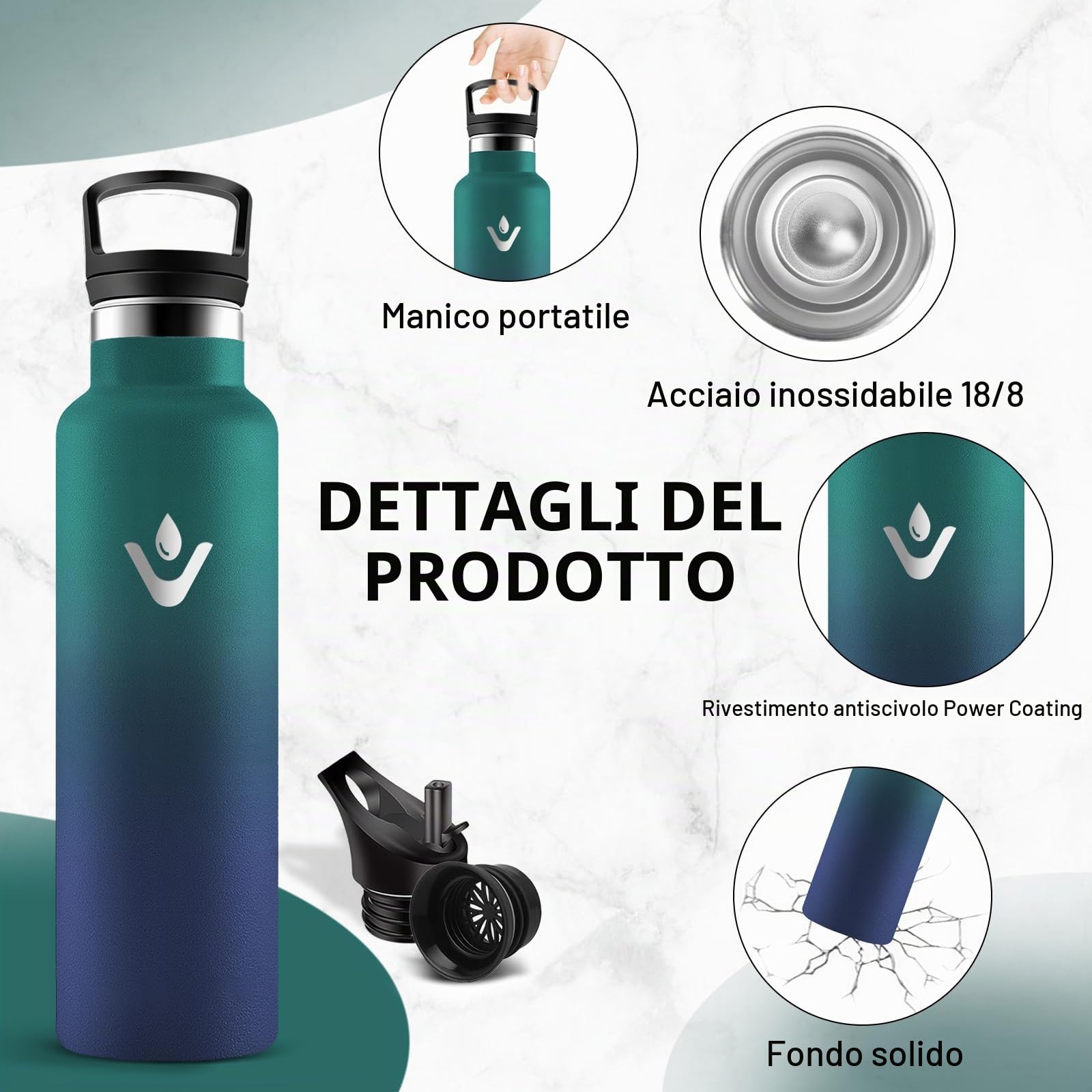 Borraccia Termica 1 litro, Borracce Termiche con Cannuccia, Borraccica Palestra Senza Perdite, Isolato Sottovuoto, Borracce Acciaio Inox Senza BPA, Bottiglia Termica per Bici, Yoga, Lavoro
