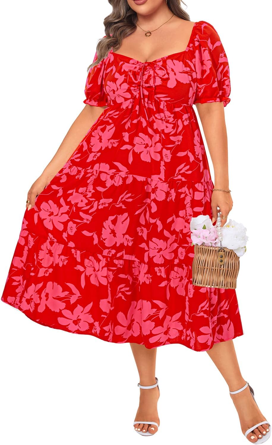 Plus Size Summer Dresses - Sweetheart Neck Drawstring Puff Sleeve Casual Wedding Guest Tiered Aline Flowy Midi Dress - Image 2
