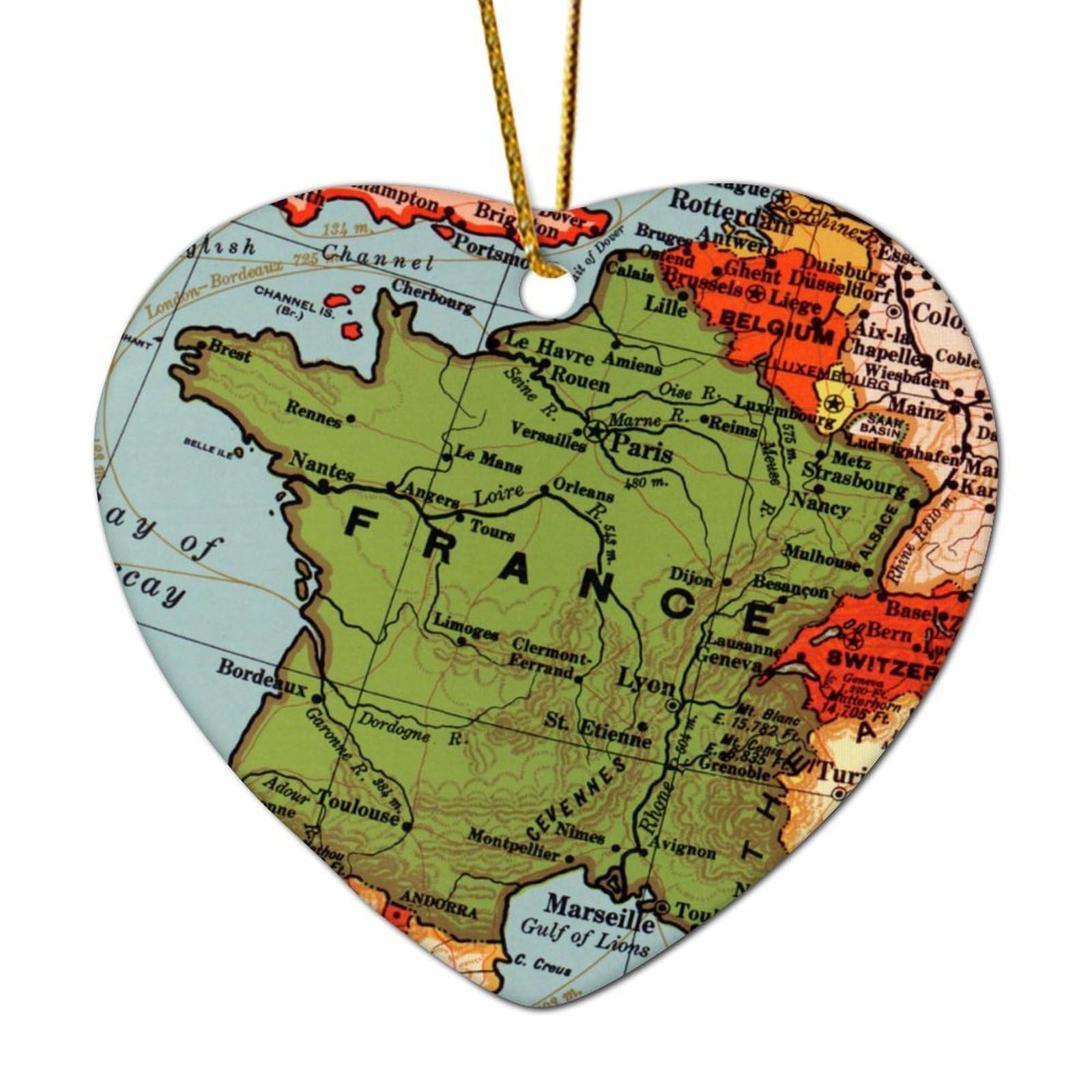 Map France Christmas Ornaments Antique World Map Pictures Keepsake Gift Christmas Tree Decorations Rustic Ceramic Heart Christmas Bauble Present for Family Birthday New Year Home