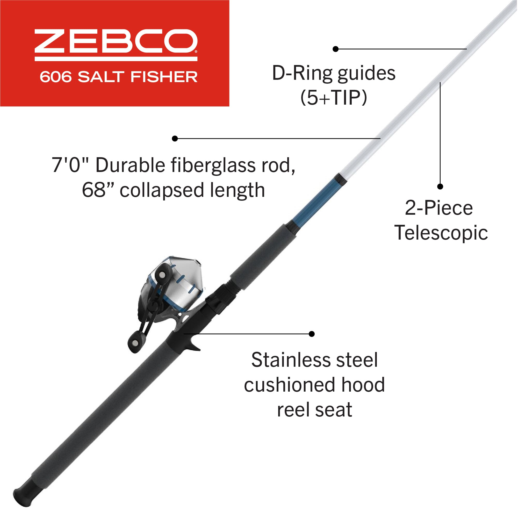 Zebco 606 Salt Fisher Spincast Reel and Fishing Rod Combo, 7-Foot 2-Piece Telescopic Rod, Size 60 Reel, 19-Piece Eagle Claw Tackle Kit : Sports & Outdoors