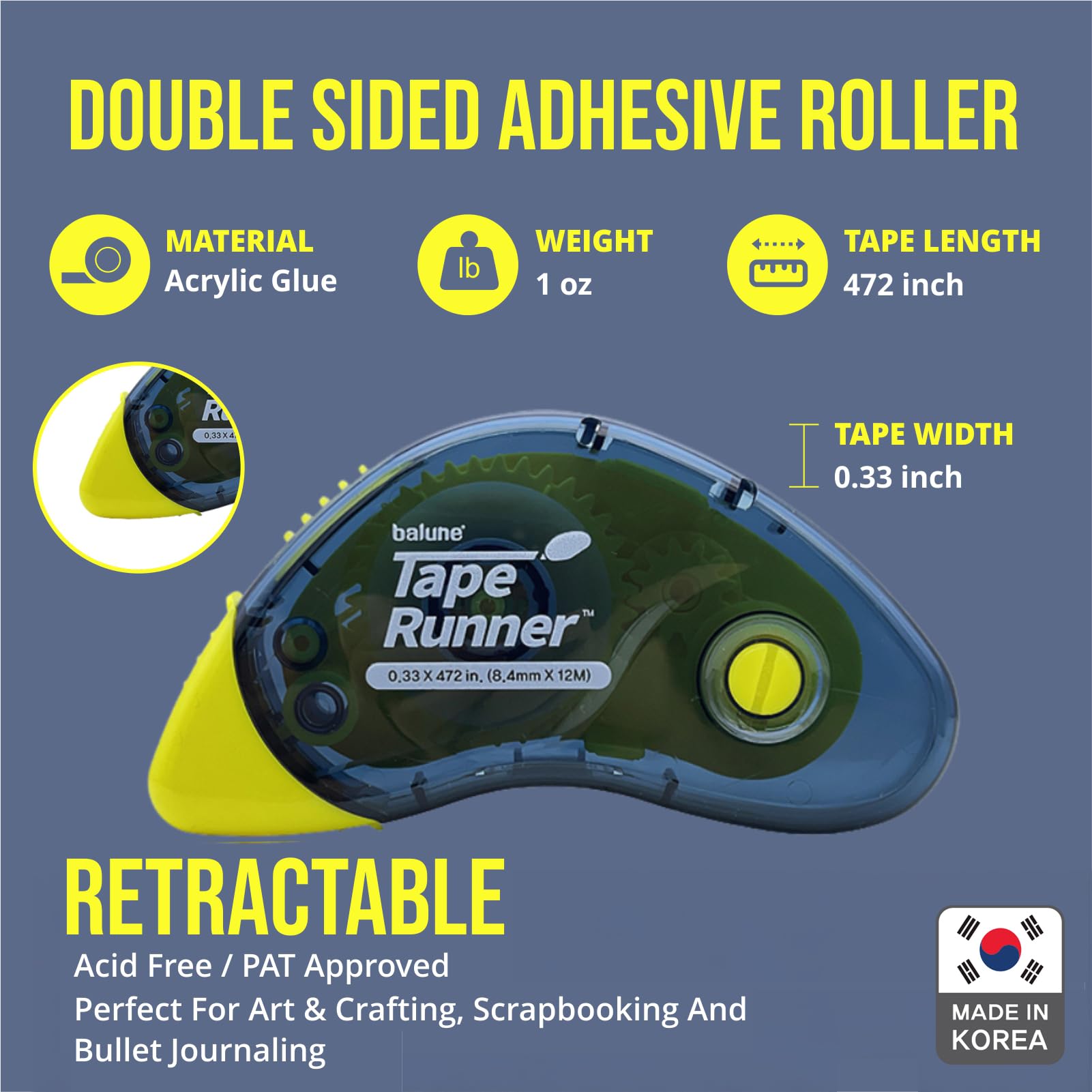 Tape Runner - Adhesivo de doble cara con rodillo dispensador incluido - Sin ácidos, pegajoso, transparente y transparente - Ideal para álbumes de recortes, manualidades y más - Boomerang (417 pulgadas