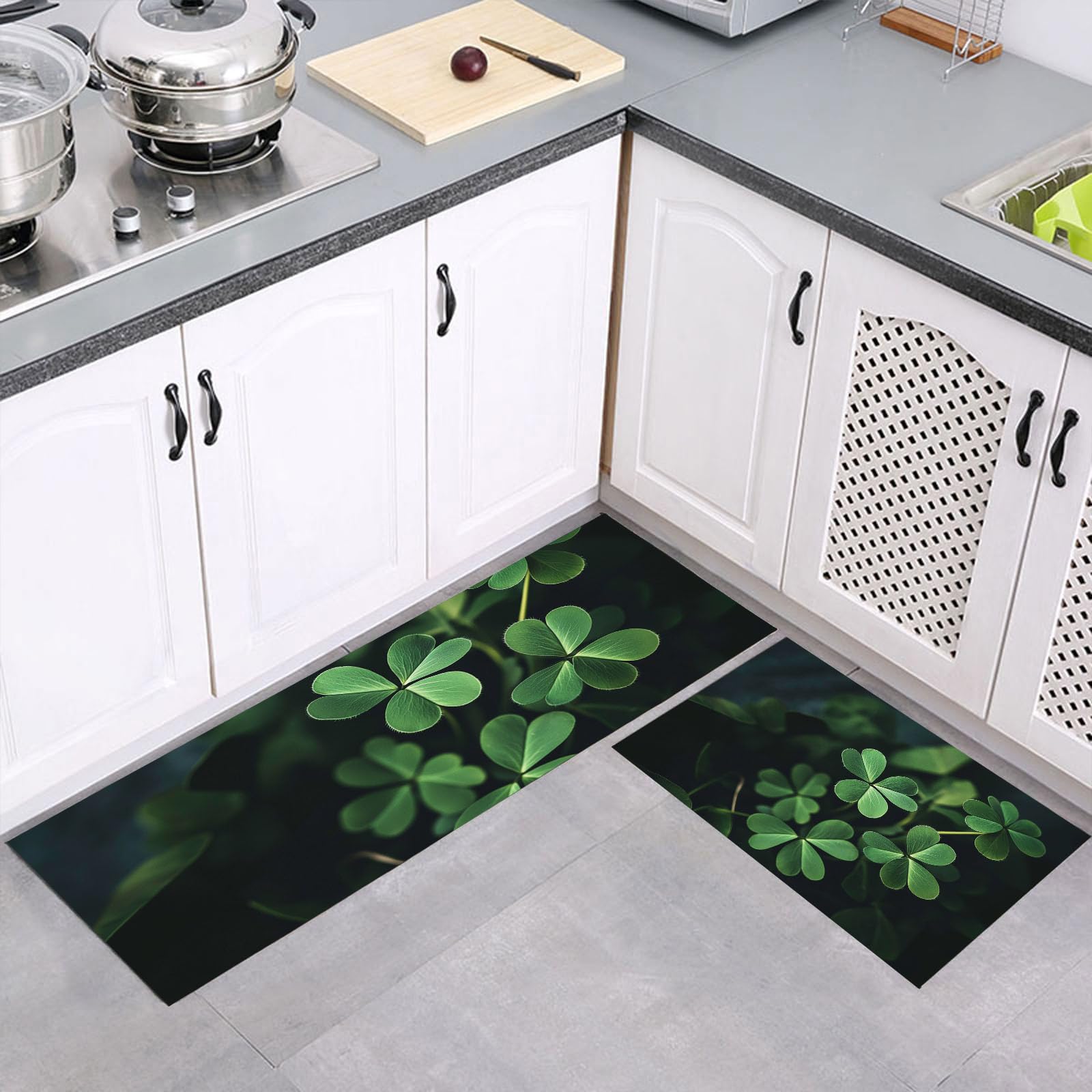 Tapis de cuisine lavable grand format motif plantes vert et antidérapant