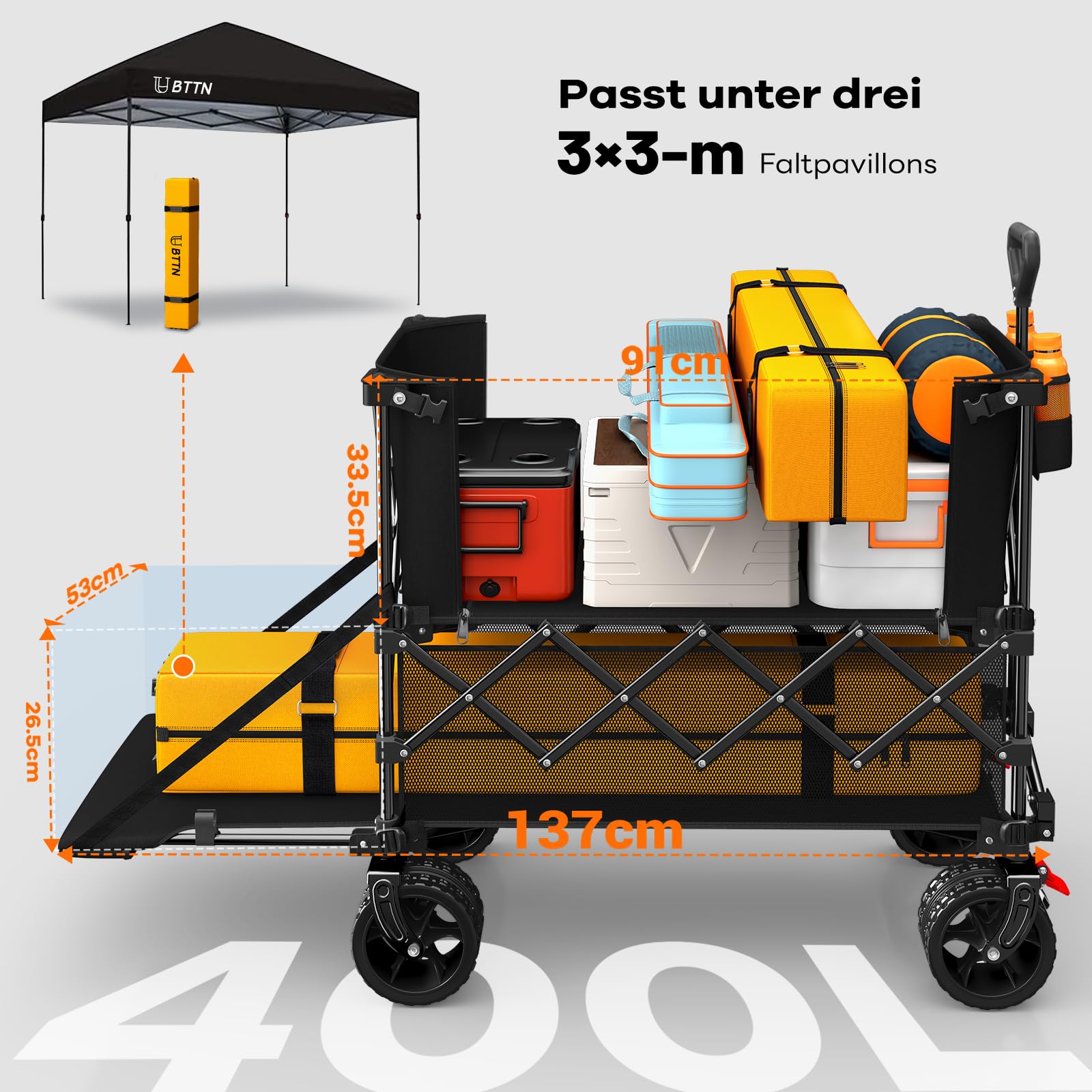 BTTN 400L Doppeldecker Bollerwagen Faltbar, Bremsen & Heckklappe, Schwarz | 250kg Traglast, 18×10cm All-Terrain-Räder, Ergonomiegriff, faltbarer Handwagen für Garten, Camping, Einkaufen, Picknick & Co.