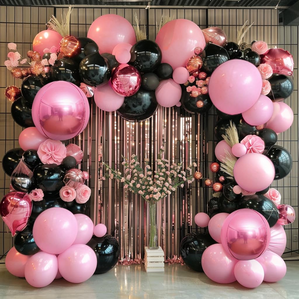 Pink Black Balloon Garland Double Stuffed Baby Pink Metallic Rose Gold Balloon Arch Kit Foil for Baby Shower Birthday Wedding Anniversary Graduations Decor