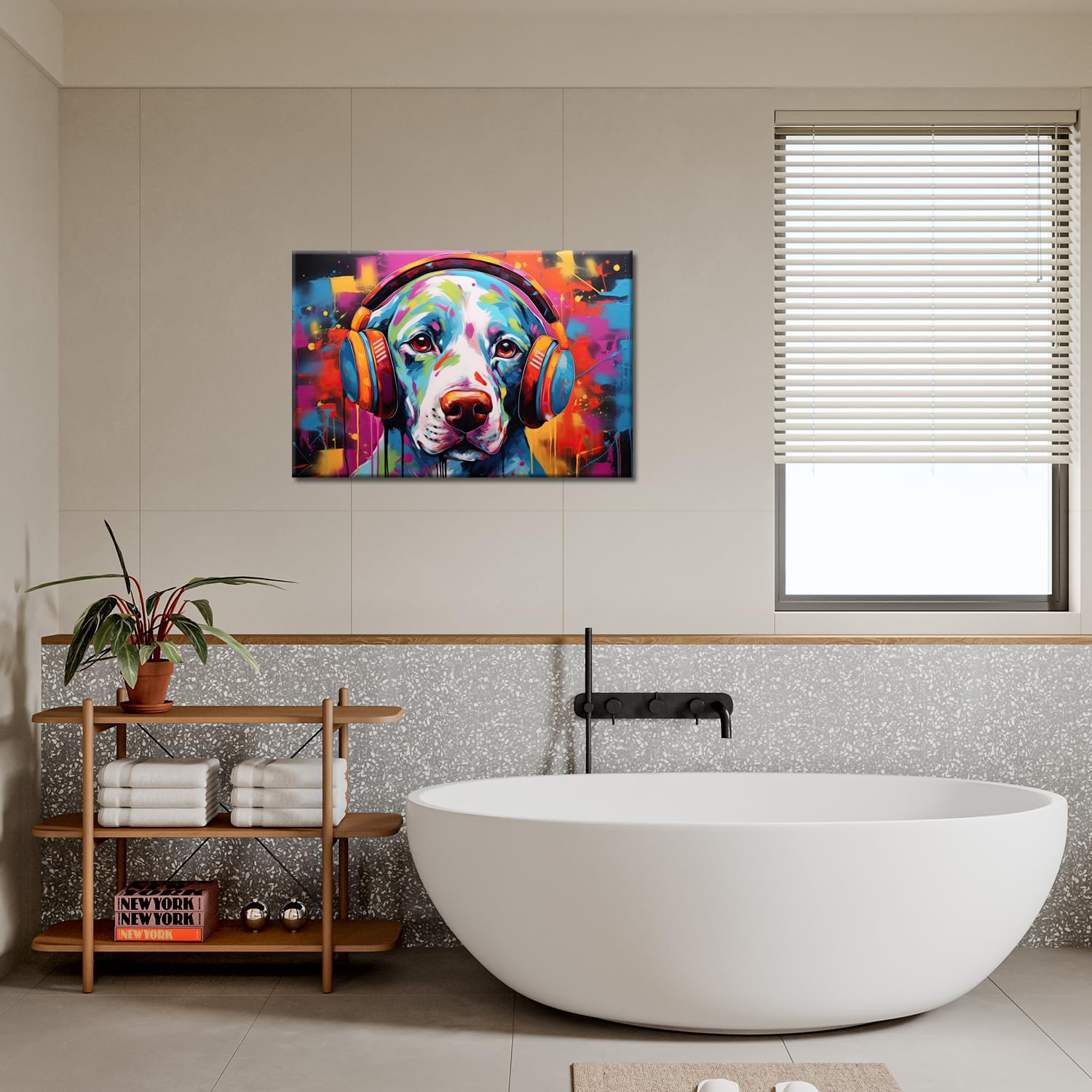 GLOKAKA Colorful Dog Wall Art,Graffiti Dog Canvas Print Wall Painting,Labrador with Headphone Street Pop Art,Funny Animal Picture Print Artwork for Bedroom Office Bathroom Decor-36 x24