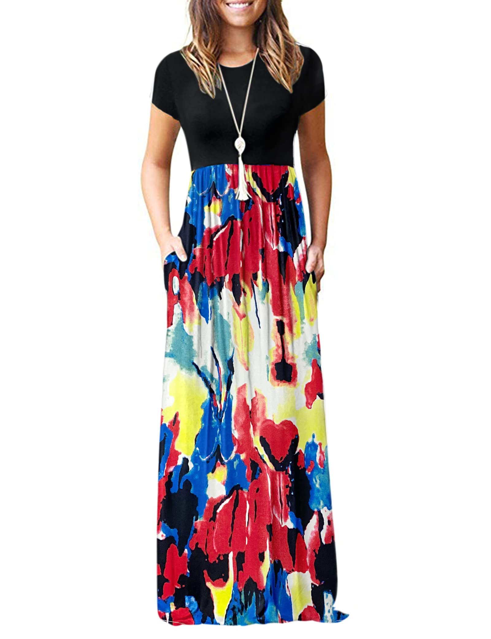 AUSELILY Women's Summer Short Sleeve Loose Plain Casual Long Maxi Dresses | Year Round wear solid floral print, Casual wear, Empire waist, Floor length, Side pockets