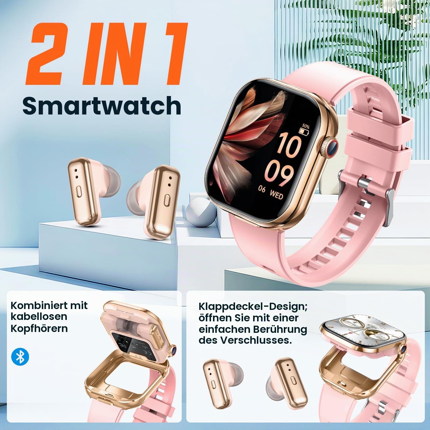Smartwatch Damen Herren mit Bluetooth Kopfhörern: 2,02" HD Touchscreen Smart Watch mit Telefonfunktion Schrittzähler Schlafüberwachung Fitnessuhr IP67 Wasserdichte Sportuhr Kompatibel Android iOS