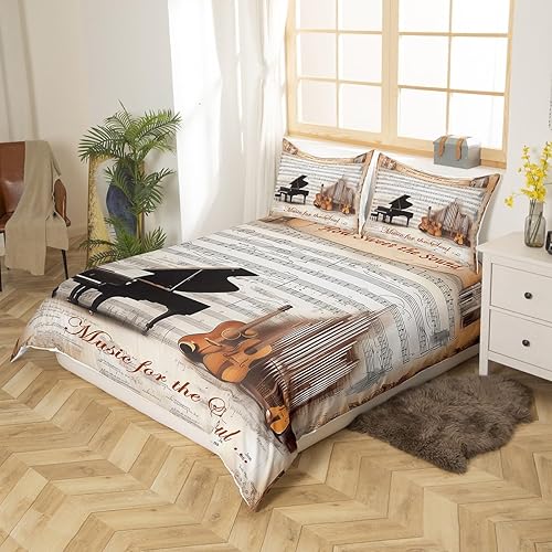 Miniatura 3 de Juego de funda de edredón de violonchelo de piano tamaño King, funda de edredón con temática musical de 3 piezas para niños, niñas, niños y adultos,