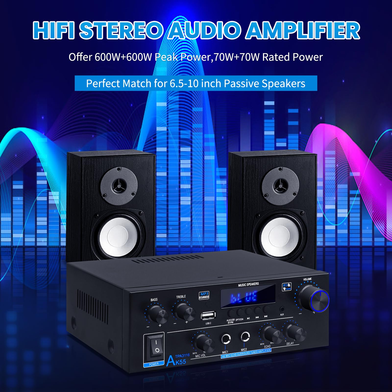 Amplificatore HiFi AK55 Bluetooth Stereo Audio Amplificatore Ricevitore 2 Canali 70WX2 Max. 600W Amplificatore audio digitale 12V/220V per casa o auto