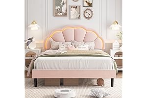 HIFIT Queen Upholstered Smart LED Bed Frame with Adjustable Elegant Flowers Headboard in Pink