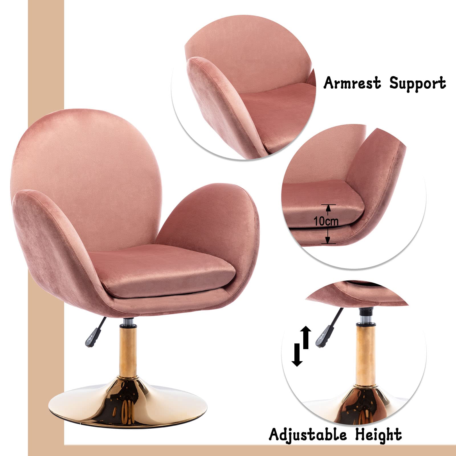 chairus Sedia da Scrivania in Velluto Sedia da Ufficio Girevole Poltrona Salotto Moderno Poltrocina Girevole Regolabile in Altezza, Rosa