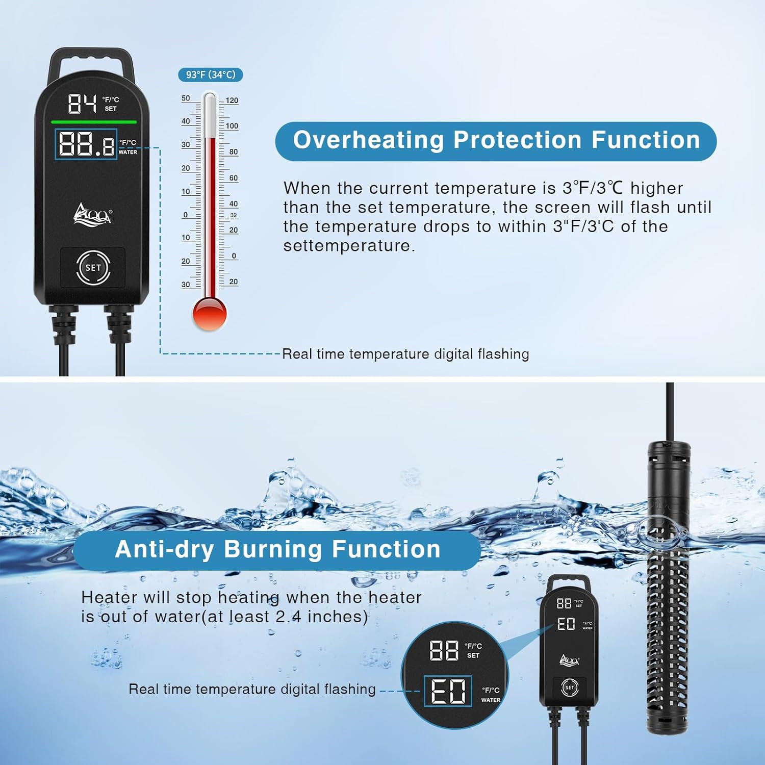 AQQA Aquarium Heater showing overheating and dry burning protection