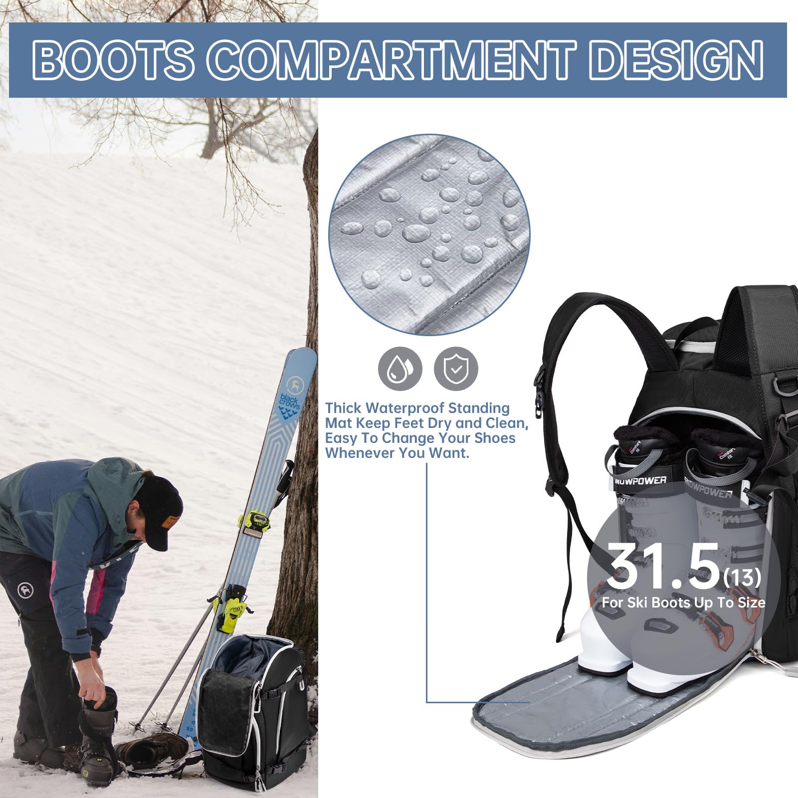 Sac à Chaussures de Ski 50 L avec Compartiment pour Casque et Bottes