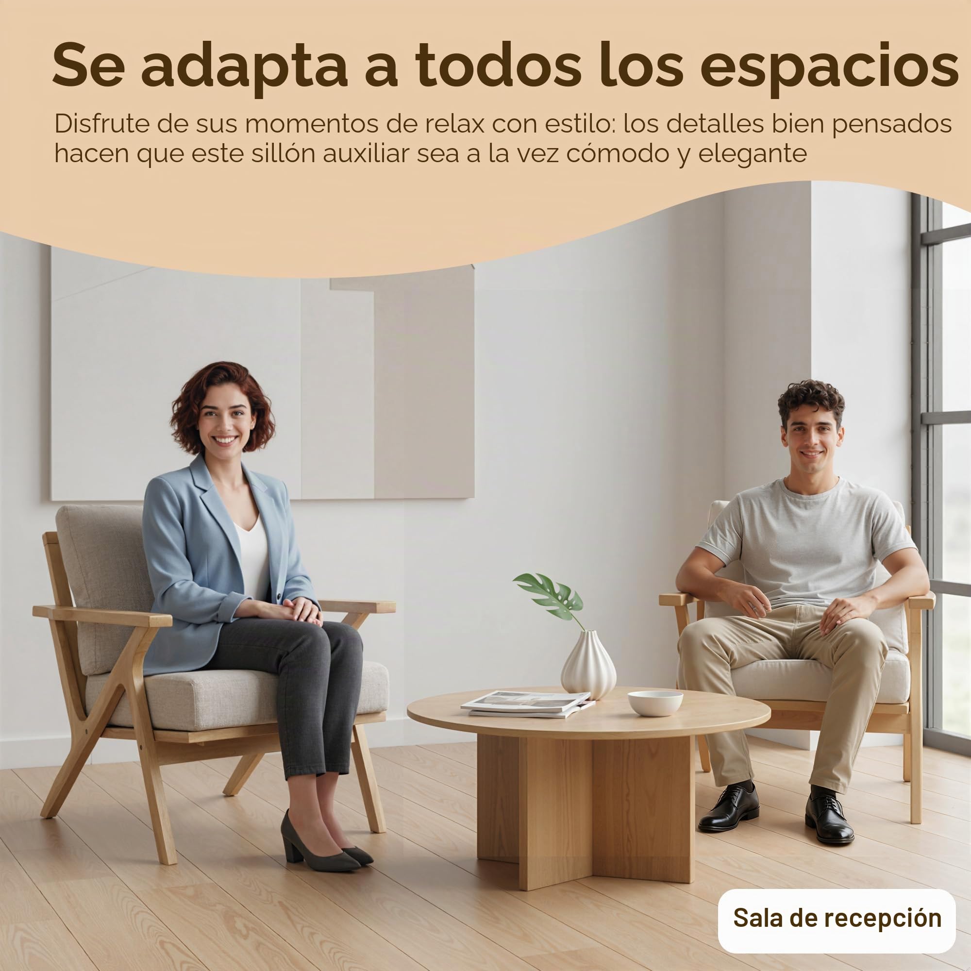 HOMCOM Sillón escandinavo Tela Efecto Lino Cojines Gruesos Beige | Asiento acolchado, patas de madera de caucho, silla de sala de estar, dormitorio, rincón de lectura