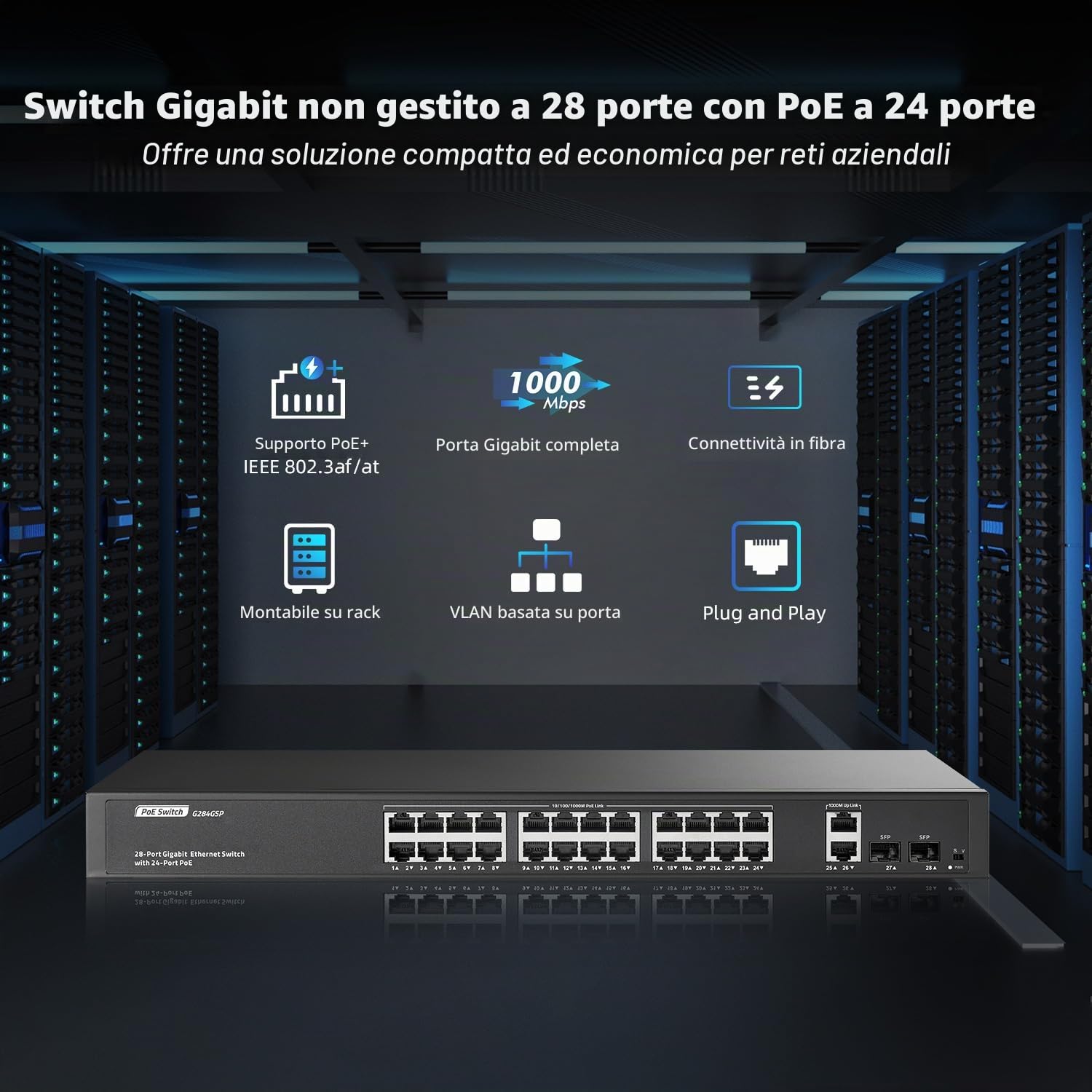 YuLinca Switch Gigabit PoE a 24 porte con 2-Gigabit uplink, 2 Gigabit SFP, IEEE802.3af/at Max 400 W, switch non gestito con VLAN e AI Watchdog