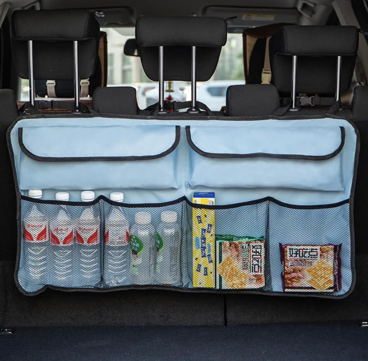 Rear Car Seat Storage & Car Organizer - for baby stuff, car travel accessories for long trips, car accessories for kids, car storage organizer, work truck organizer, baby car organizer (Light Blue)