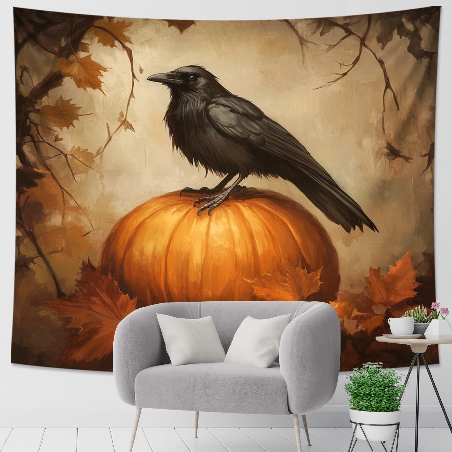 Halloween Raven Pumpkin Tapestry, Orange Black Autumn Wall Hanging, Gothic Decorative Art for Living Room, Bedroom, Dorm, Seasonal Decor 60x80 Inch