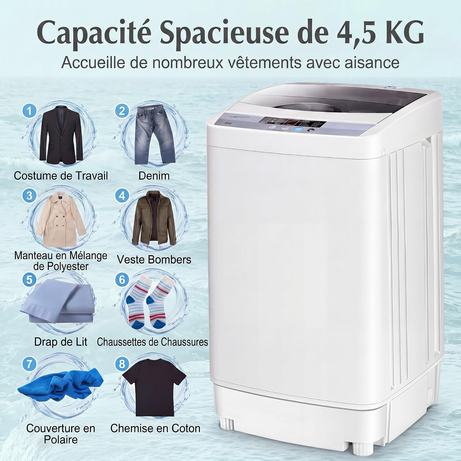 GYMAX Lave-Linge Automatique, Mini Machine à Laver 4,5 KG, 10 Programmes, 8 Niveaux d'Eau, avec Affichage LED, Pompe de Vidange, pour Maison, Appartement, Camping, Dortoir