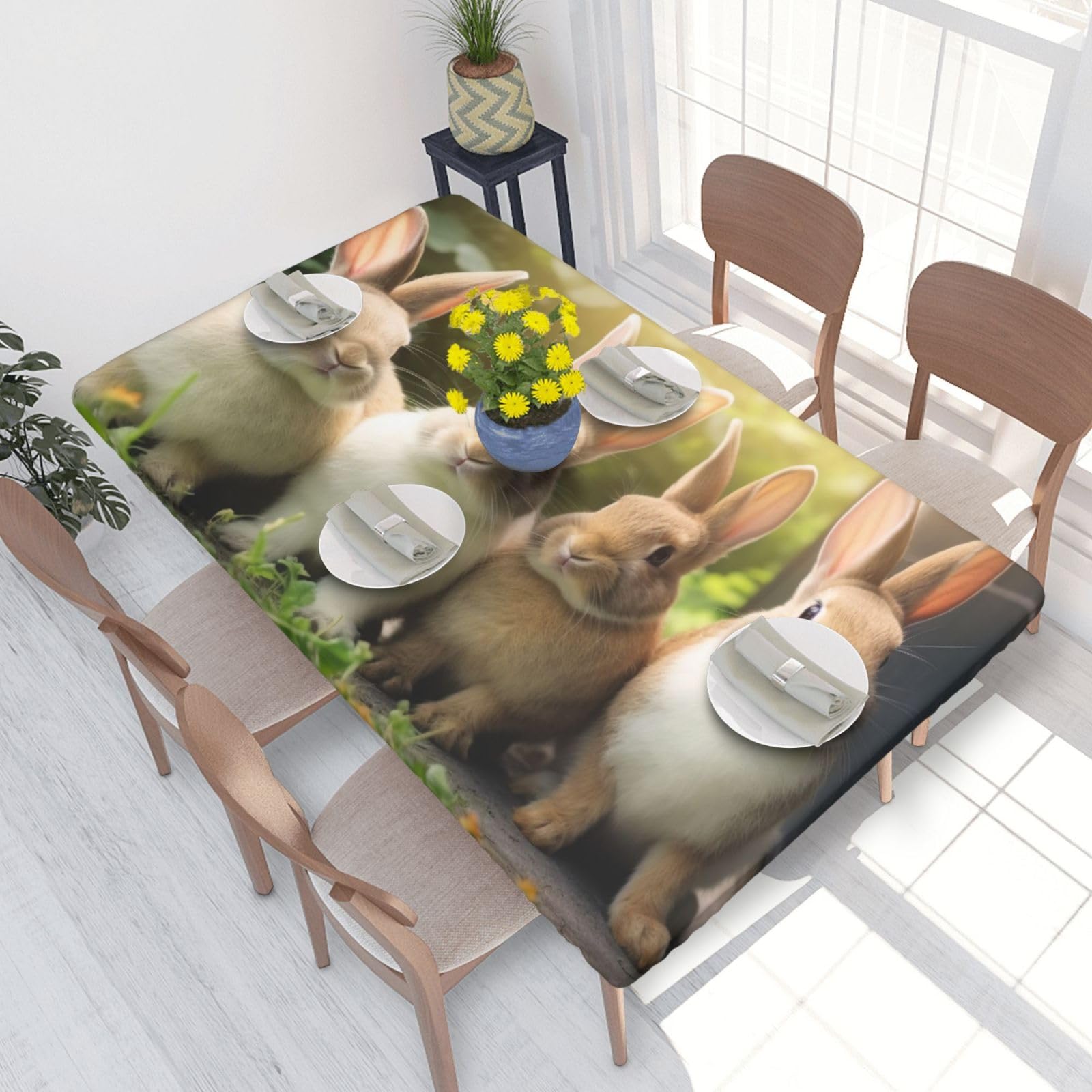 DCARSETCV Funny Rabbits Printed 4FT Waterproof Tablecloth with Elastic Edged Protect & Decor Your Table, Oil-proof Washable Table Cloth Cover for Dinner Picnic Party
