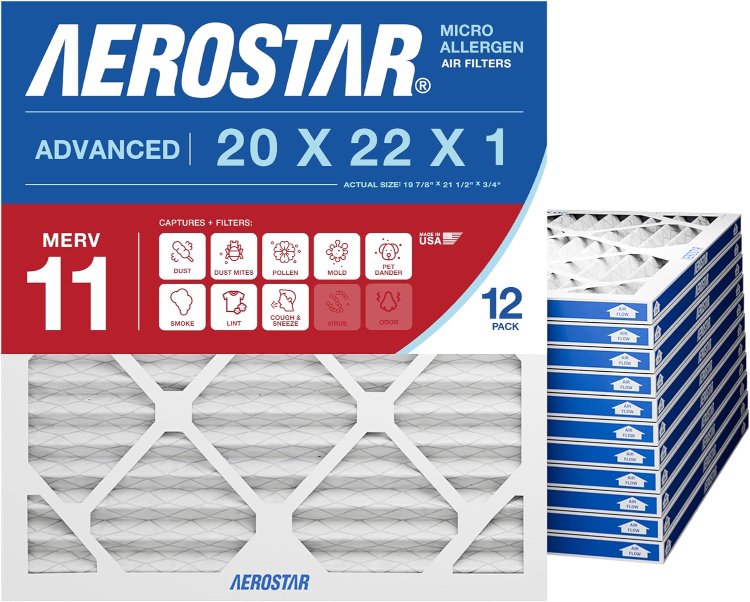 Aerostar 19x21x1 MERV 11 Pleated Air Filter, Allergy and Pet Dander Protection (12 Pack), Actual Size: 19.88x21.5x0.75
