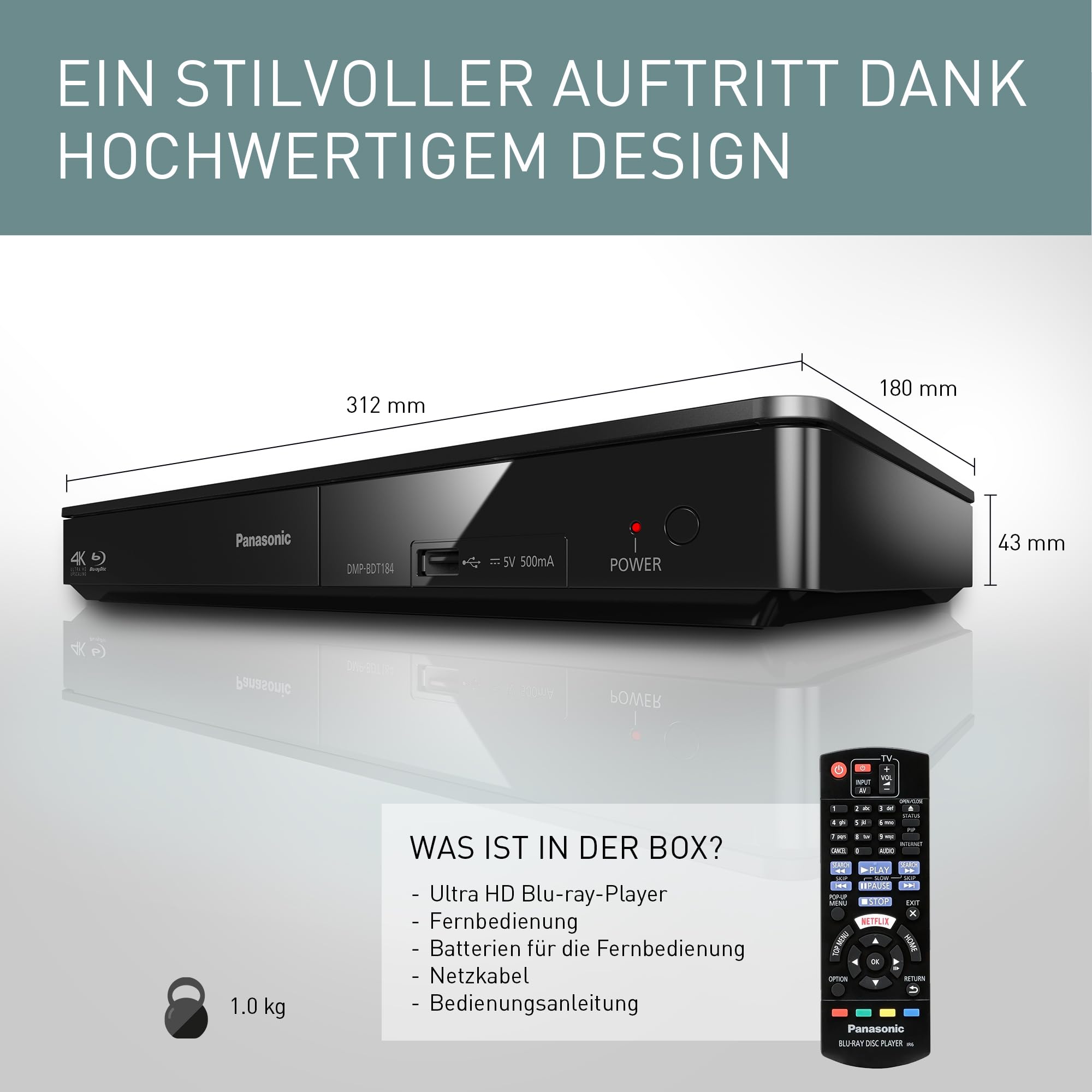 Panasonic DMP-BDT184EG 3D Blu-ray Player (4K Upscaling, DLNA, VoD, HDMI-Steuerung, USB, MKV-Playback) schwarz