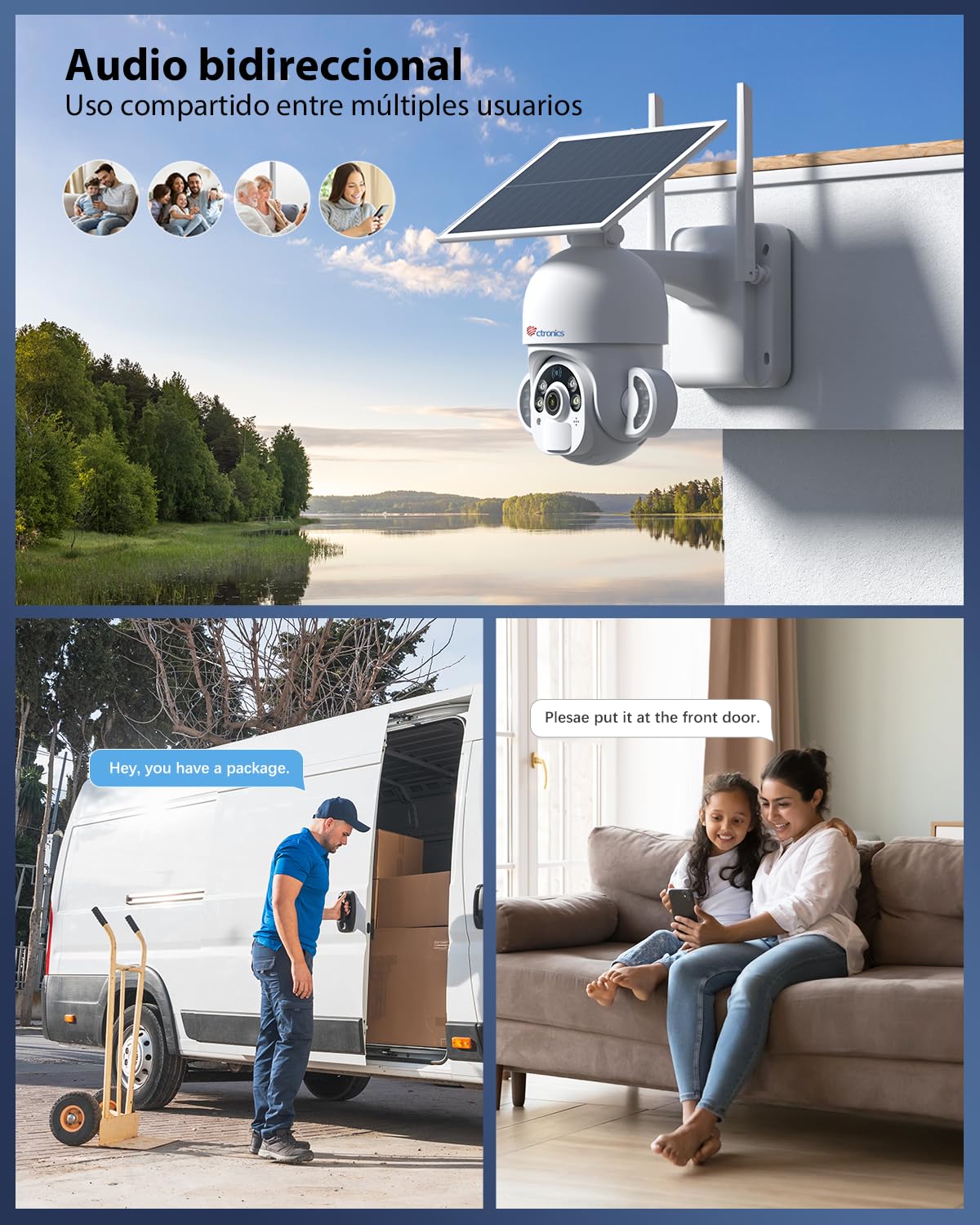 Ctronics Cámara Vigilancia Exterior con Panel Solar 6W, Cámara PTZ 3K 5MP | HD, Detección PIR y Humana, 10 Focos LED, Visión Nocturna en Color, Audio Bidireccional, FTP, Acceso Remoto por PC/Móvil