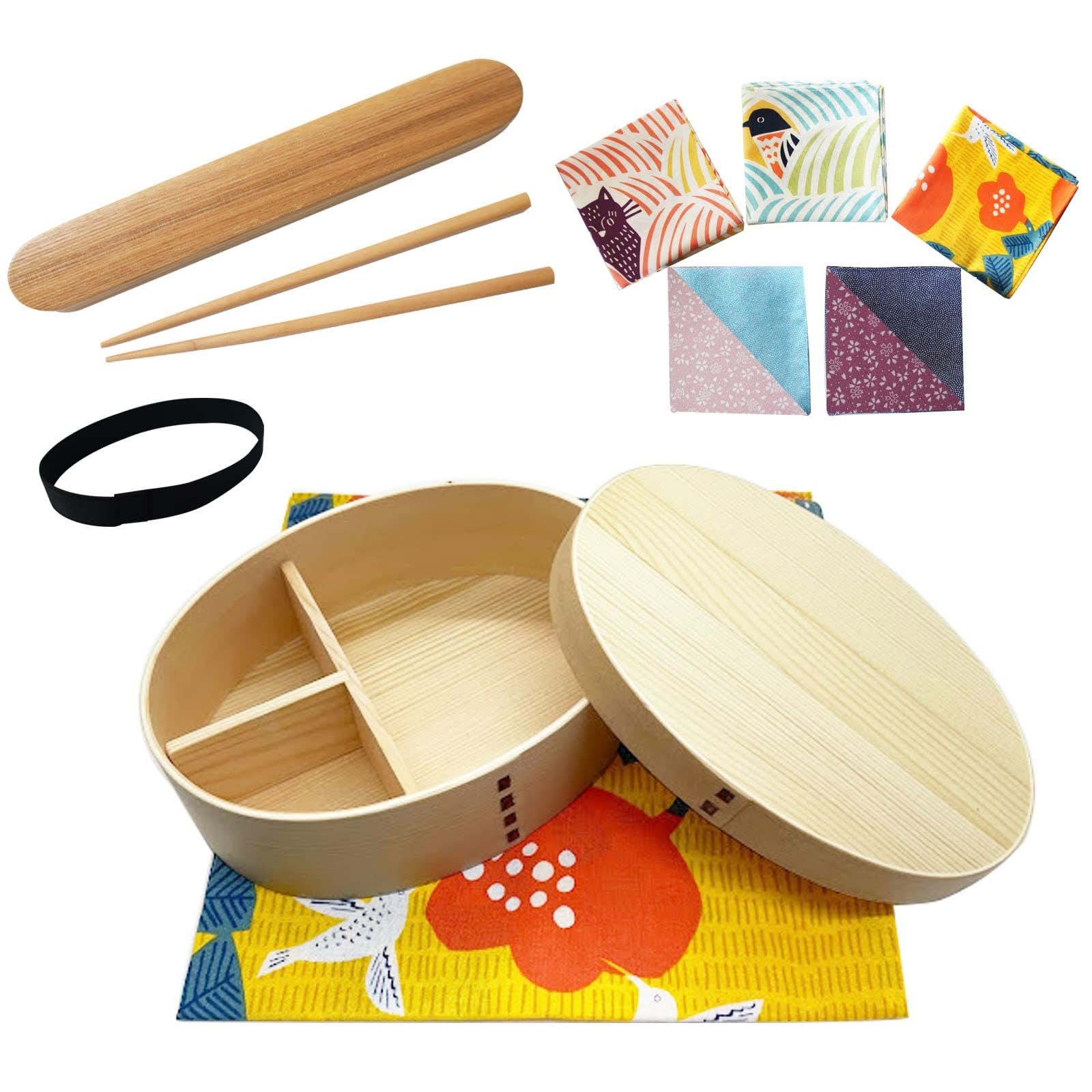 Magewappa Bento Box White Cedar 5pc Full Set Furoshiki Hummingbird 23oz