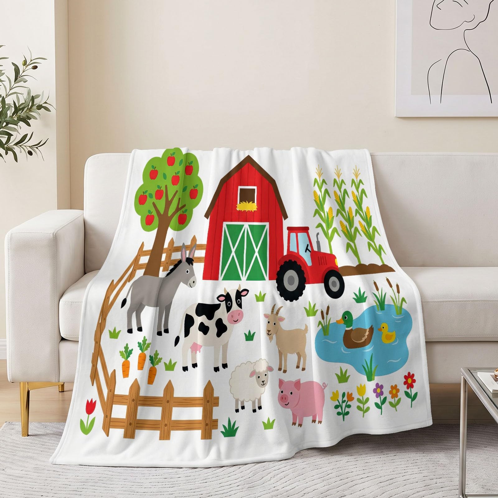 Generisch Manta suave de franela de 150 x 200 cm, con granero, cercas, animales, árboles, dibujos animados, estilo pastoral, suave manta para sofá, cama, habitación de los niños, manta como regalo