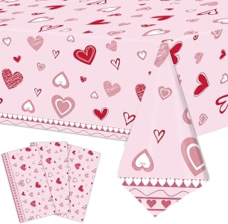 3 Pieces Valentine’s Day Hearts Plastic Tablecloth – 54x108 Inch Pink and Red Disposable Love Table Covers for Romantic Party, Wedding, Anniversary, Engagement Decorations