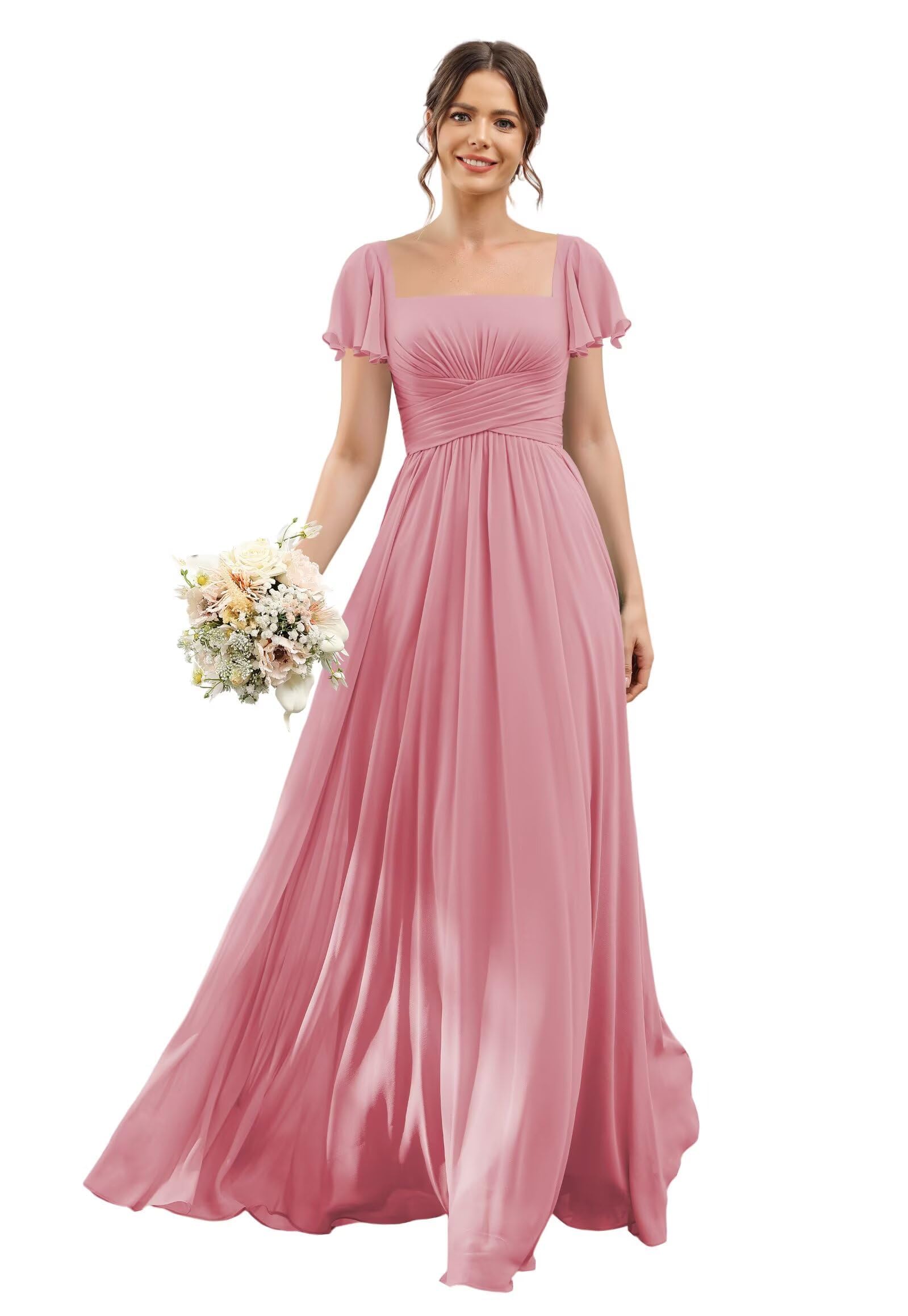 HUINI Chiffon Brautjungfernkleider mit kurzen Ärmeln A-Linie Langes formelles Abendkleid mit Taschen