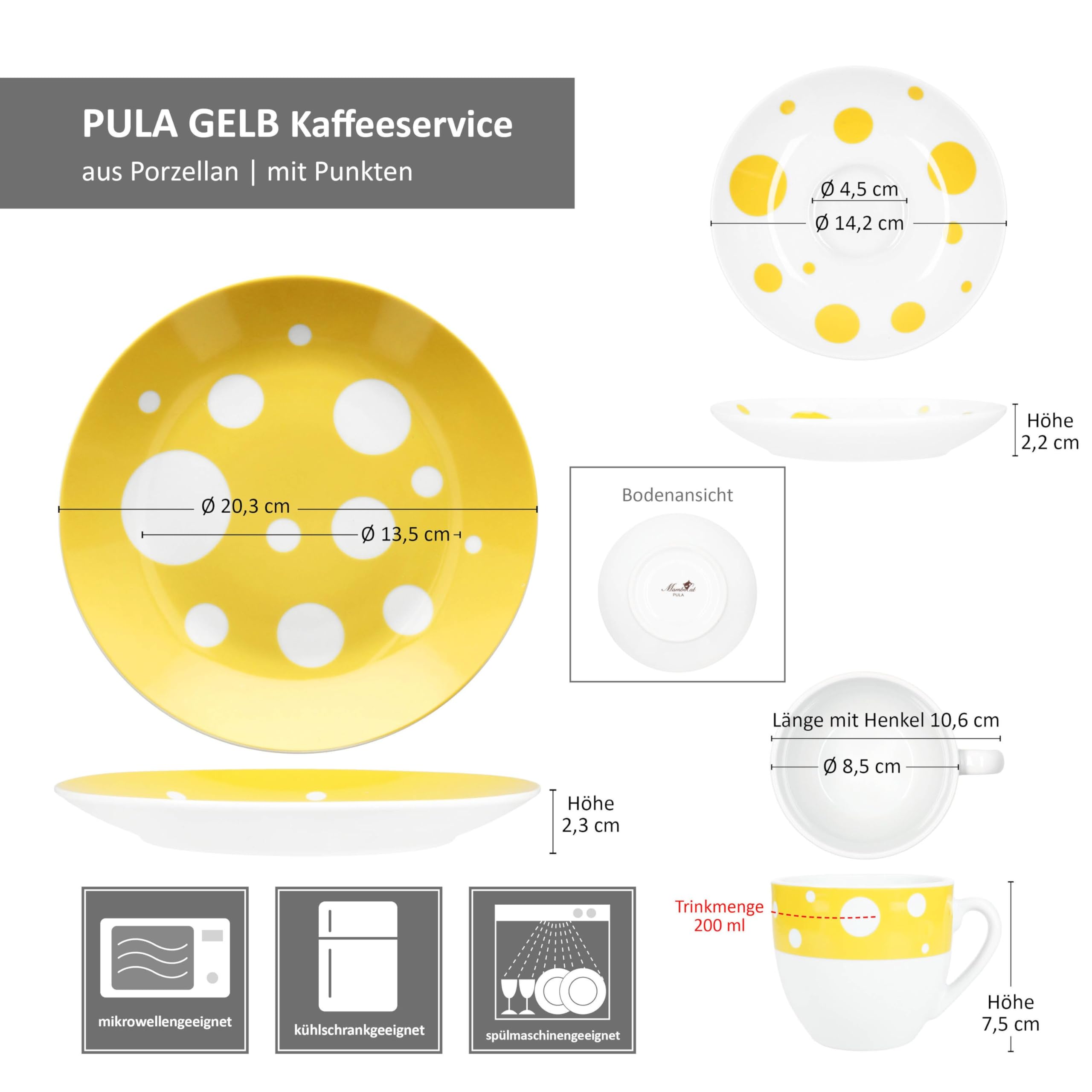MamboCat Pula gelb 18tlg Kaffeeservice I weißes Porzellan-Geschirr mit Punkten für 6 Personen I Je 6X Tassen 200ml, Untertassen & Teller für Frühstück & Kaffee