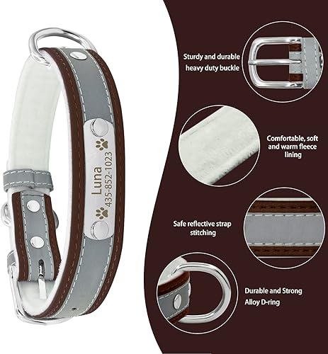 Miniatura 2 de Collar de perro de cuero reflectante personalizado con forro cálido, collar de perro personalizado con placa de nombre grabada para perros y gatos