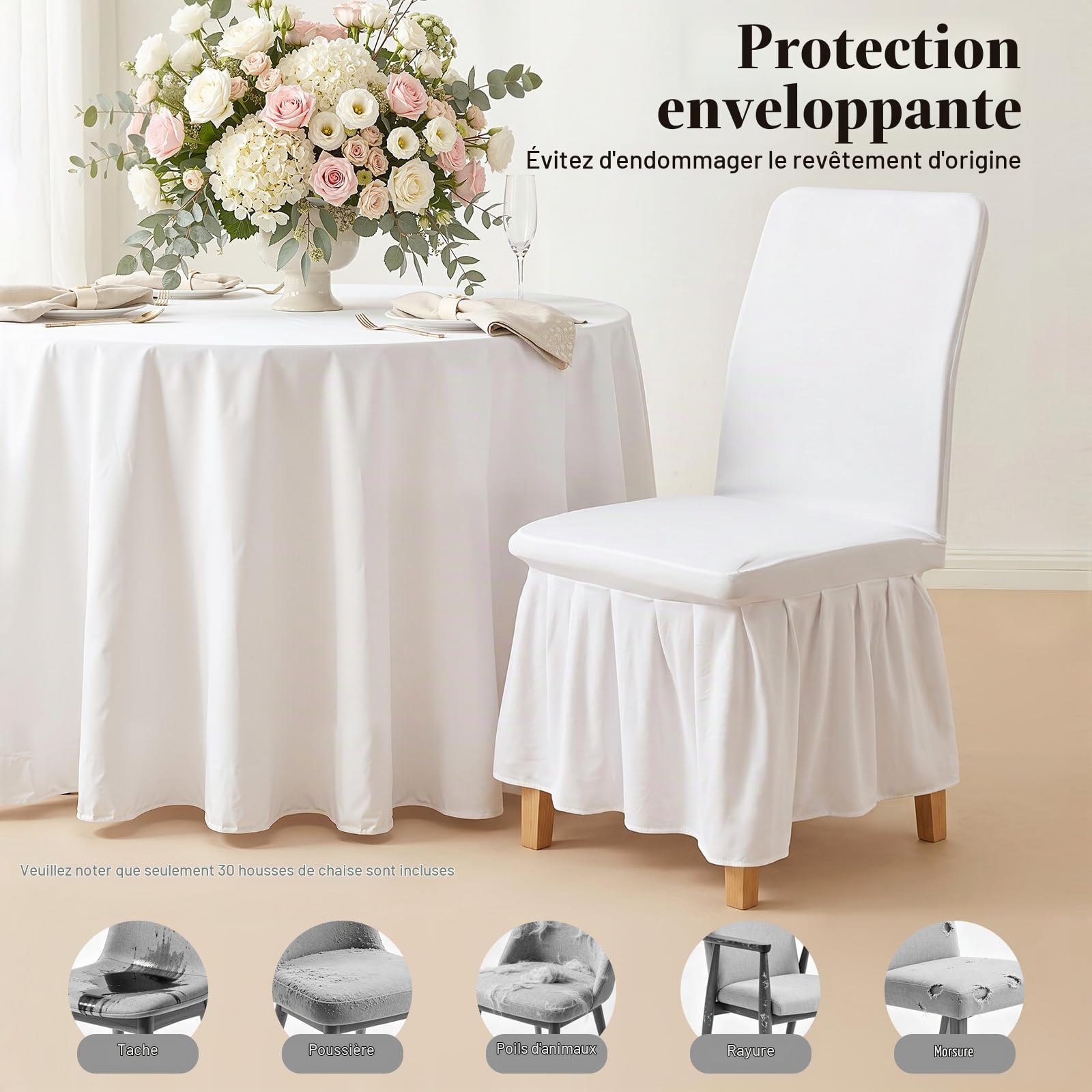 Lot de 30 Housses de Chaise Extensibles épaisses pour chaises avec Jupe - pour Mariage, fête, hôtel, Restaurant, Blanc