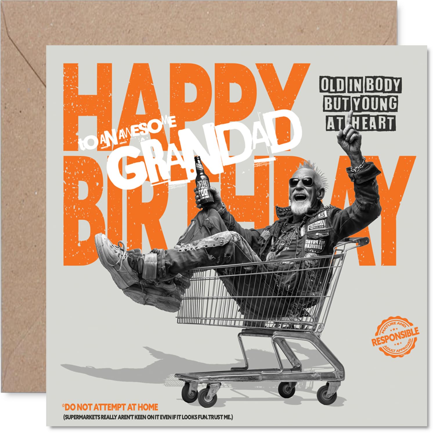 Playful Birthday Card for Grandad - Rebellious Birthday Antics - Grandad Riding a Shopping Trolley in Bold Cartoon Style - 145mm Square, Envelope Included