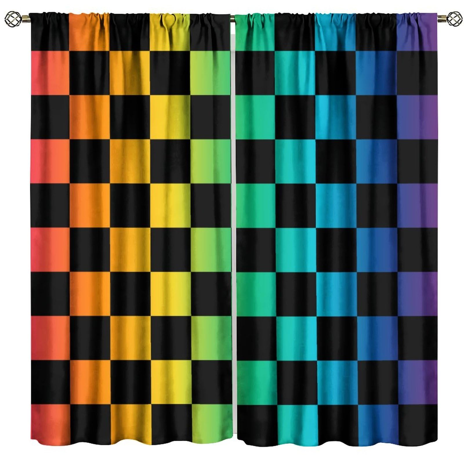 GoDazzling Colorful Checkered Blackout Curtains, Multicolor Checkerboard Retro Rainbow Cute Vintage Geometric Patterns Window Drapes, for Living Room