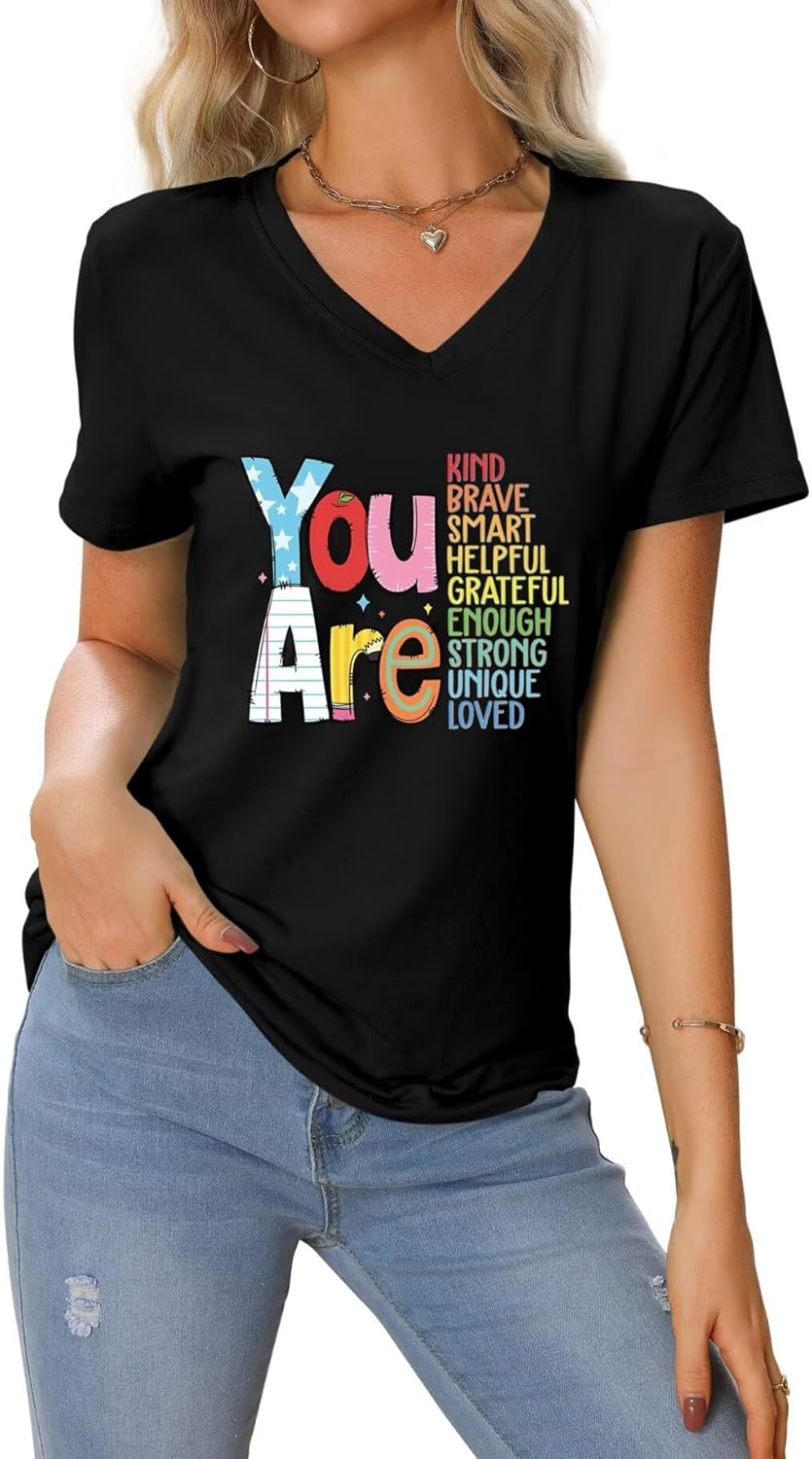 Teacher Shirts Women Be Kind V Neck T Shirt Back to School Tee Inspirational Teacher Tshirt Positive Short Sleeve Top - Image 2