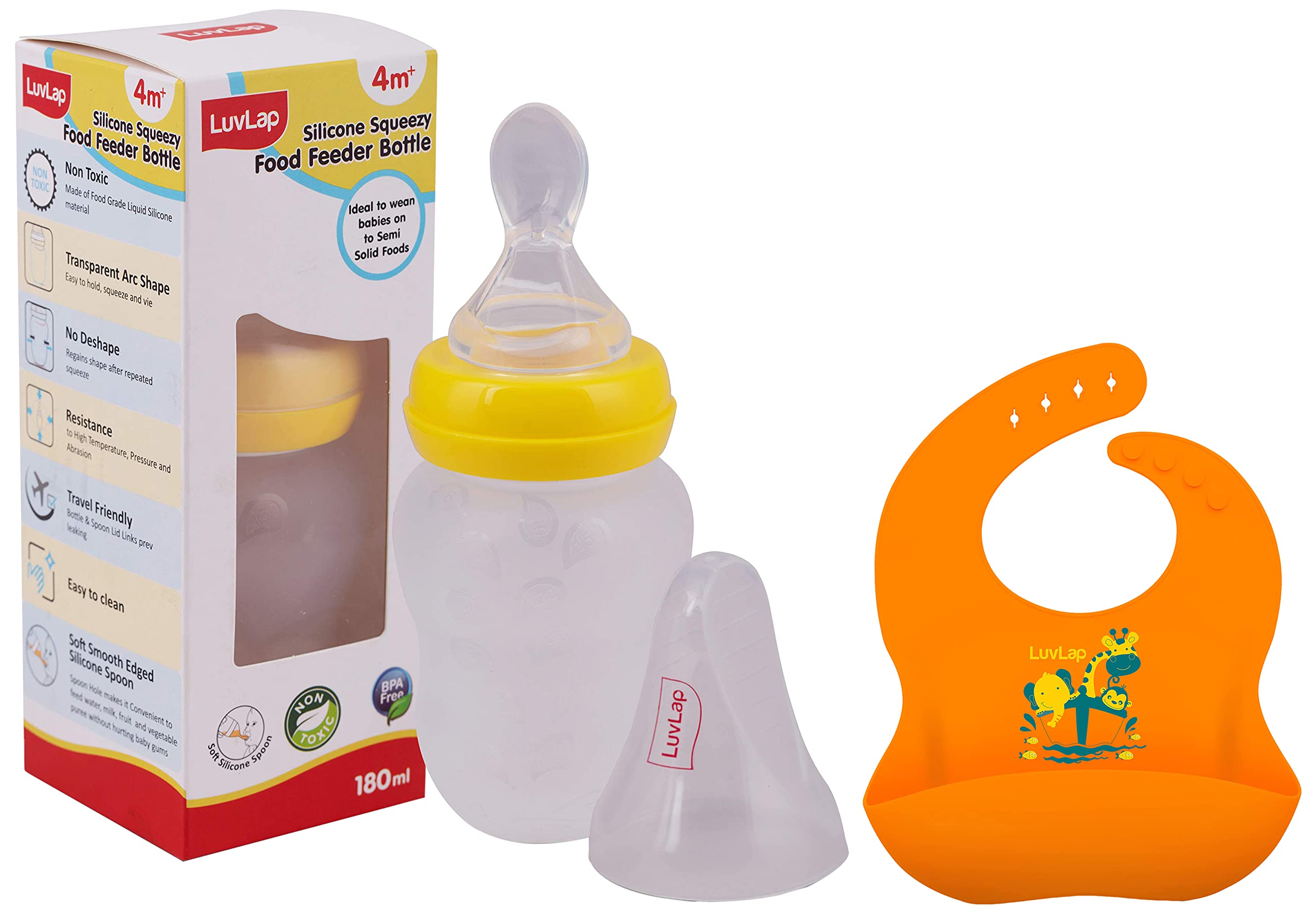 LuvLap Feeding Spoon with Squeezy Food Grade Silicone Feeder Bottle, for Infant Baby, 180ml, & Silicone Baby Bib for Feeding & Weaning Babies & Toddlers (Orange)-image-18