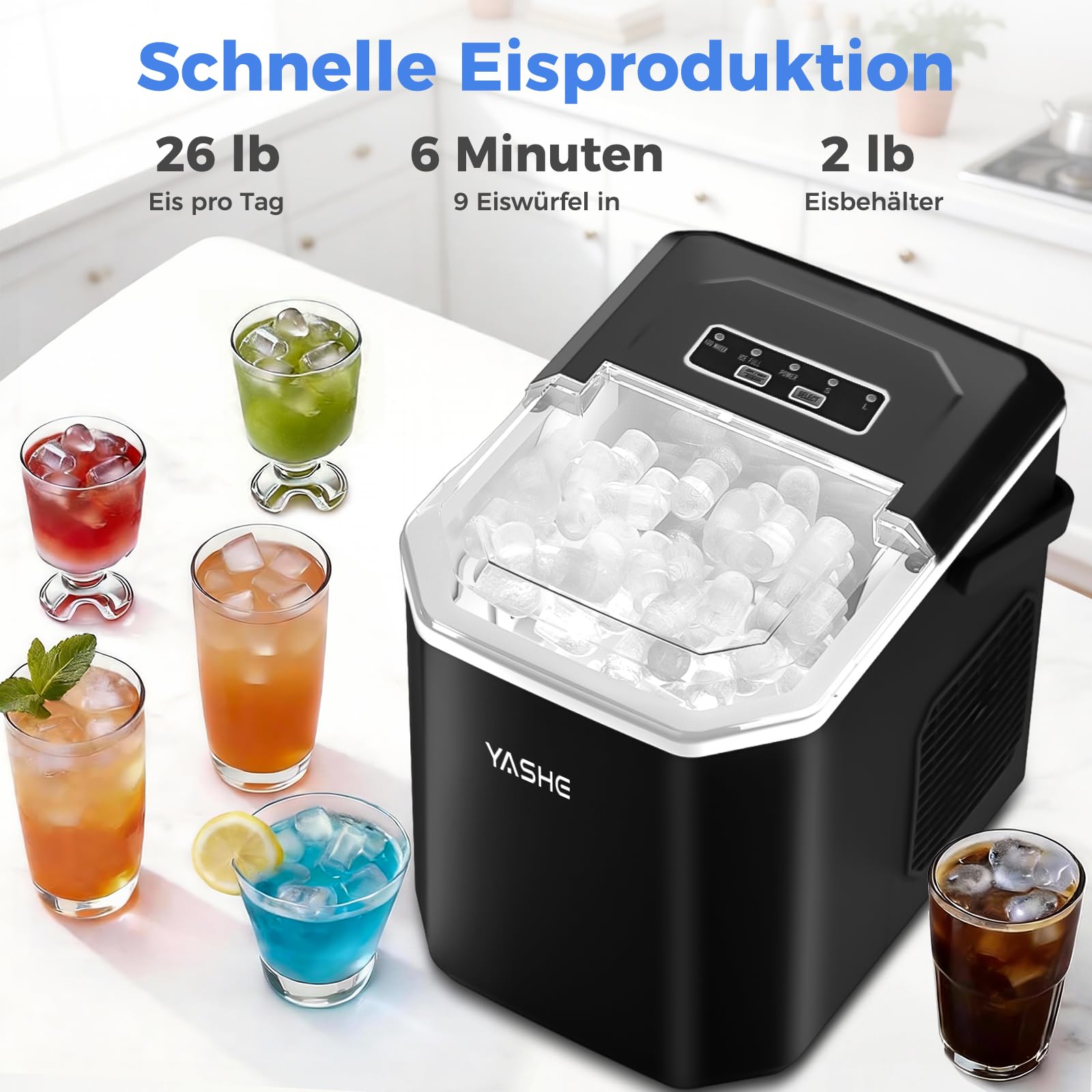 YASHE Eiswürfelmaschine für die Arbeitsplatte, Kugelförmige Eiswürfel in 2 Größen, 9 Eiswürfel in 6 Minuten, 12kg Eis pro Tag, Selbstreinigende Tragbare Eismaschine mit Tragegriff für Küche, Camping
