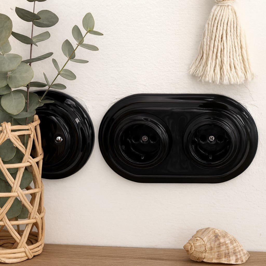 Unterputz Porzellan Retro Steckdose 2-fach, All-in-One, SET Serie PR1 schwarz